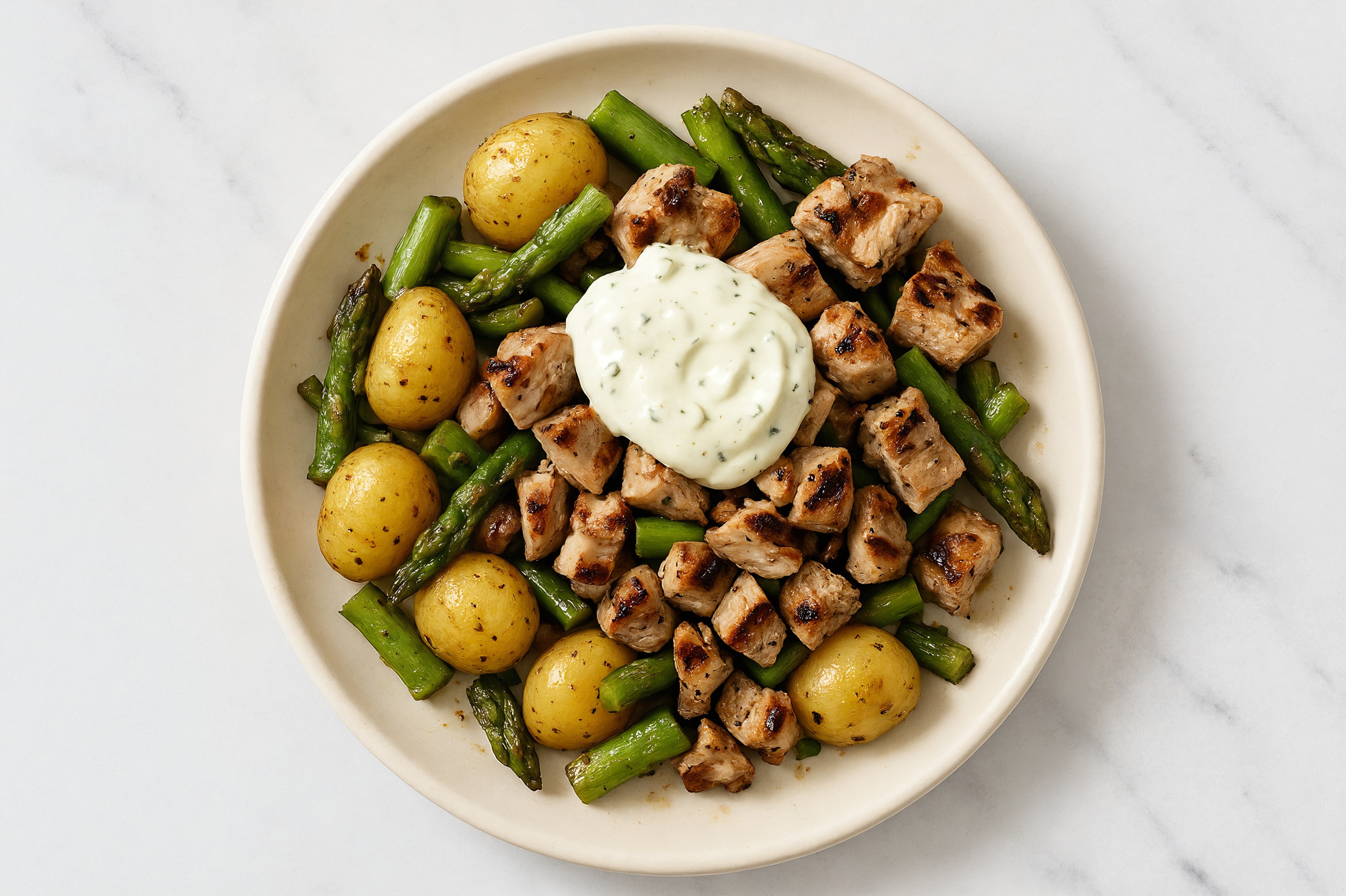 Hearty Dairy-Free Tzatziki Grilled Pork Tenderloin + Asparagus Bowl