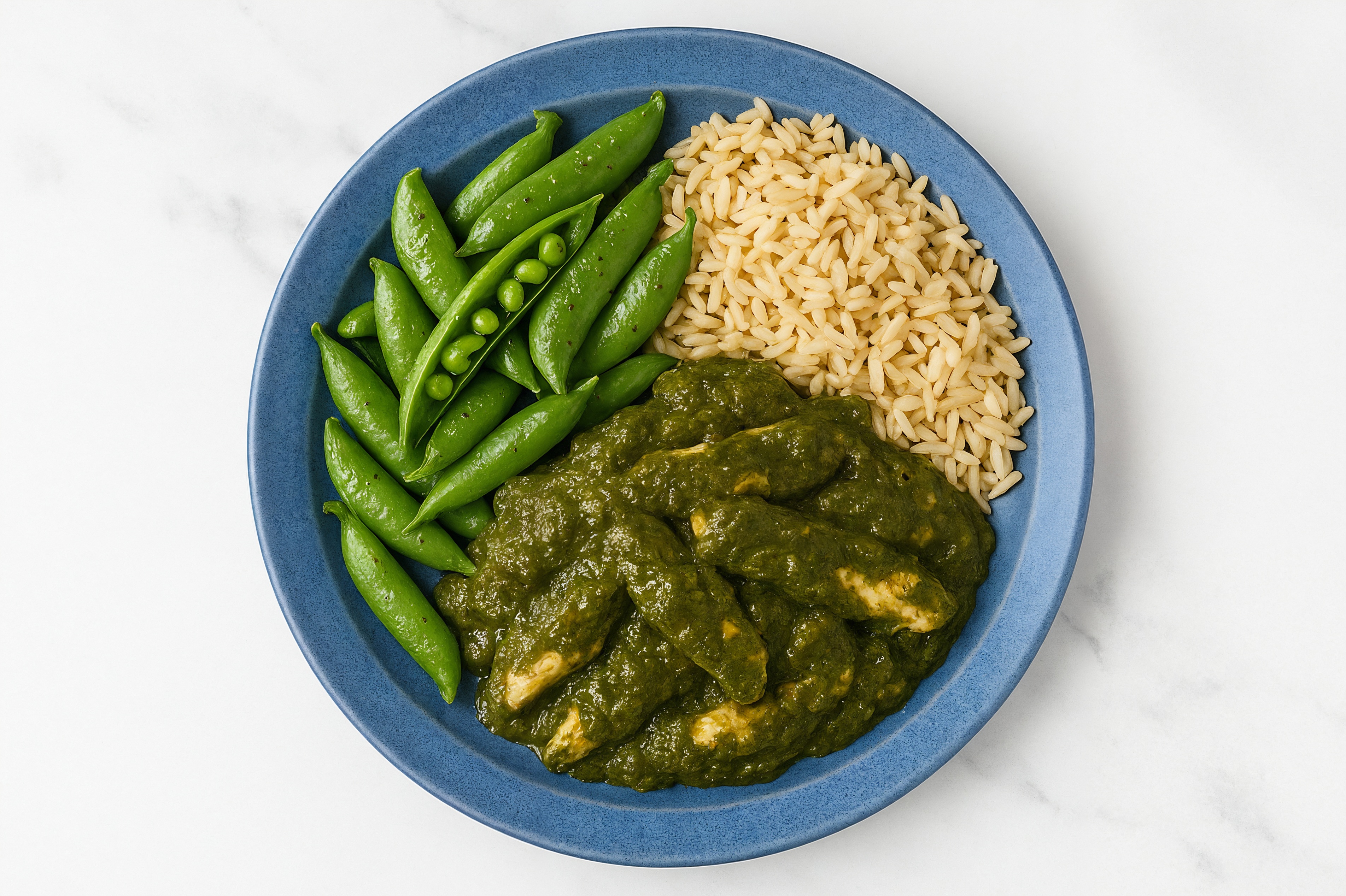 Chicken Saag with Pea Snaps + Rice
