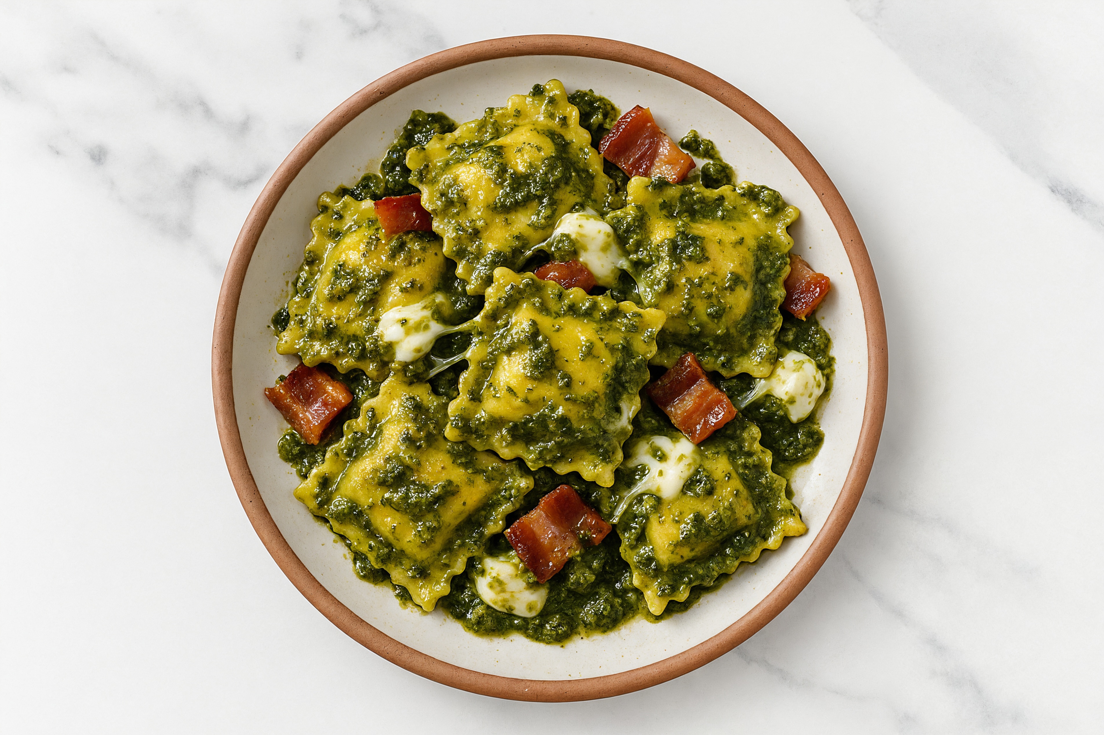 Spinach Pesto Squash Ravioli with Smoked Bacon & Fresh Mozzarella