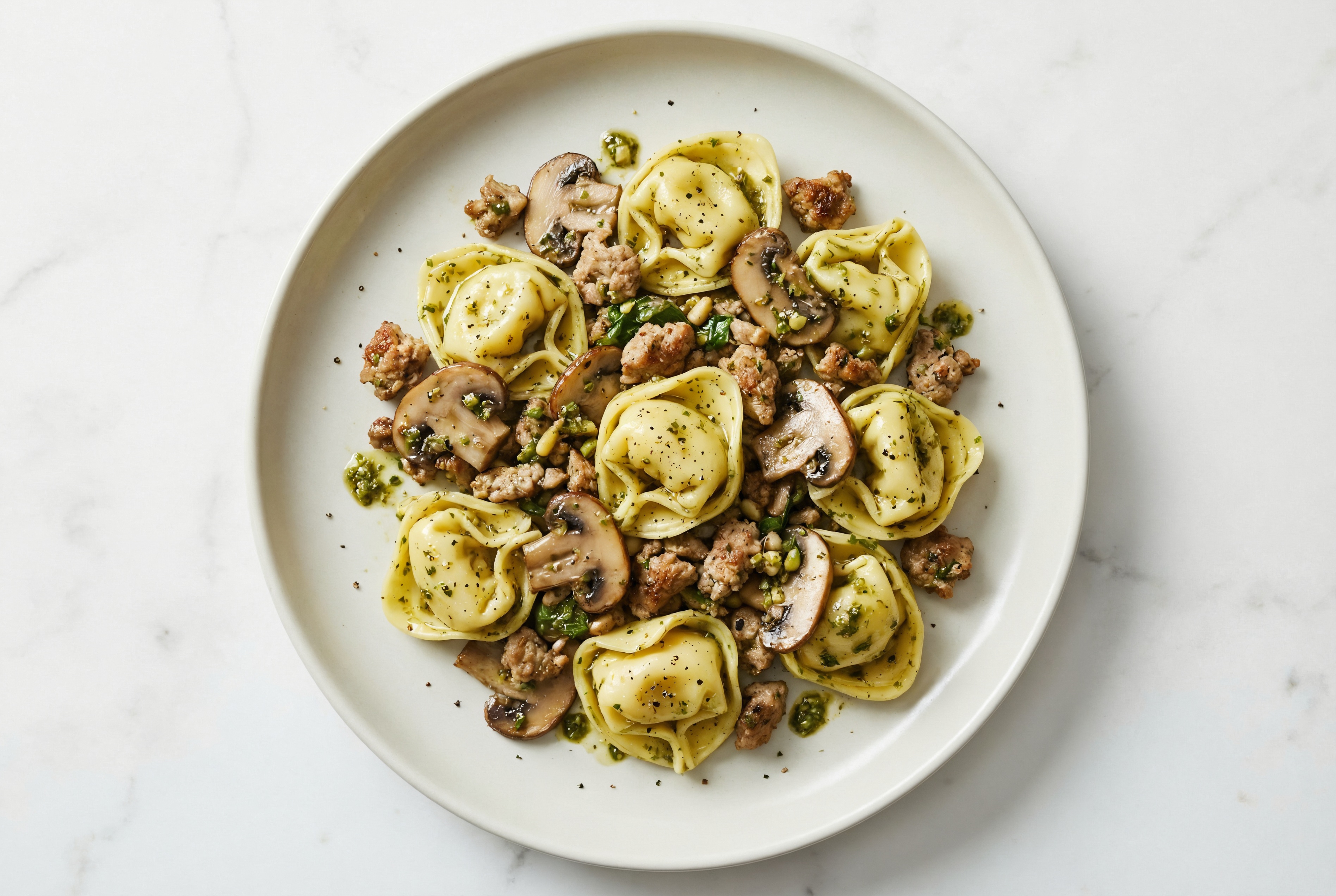 Four Cheese Tortelloni Pesto with Ground Turkey & Mushrooms