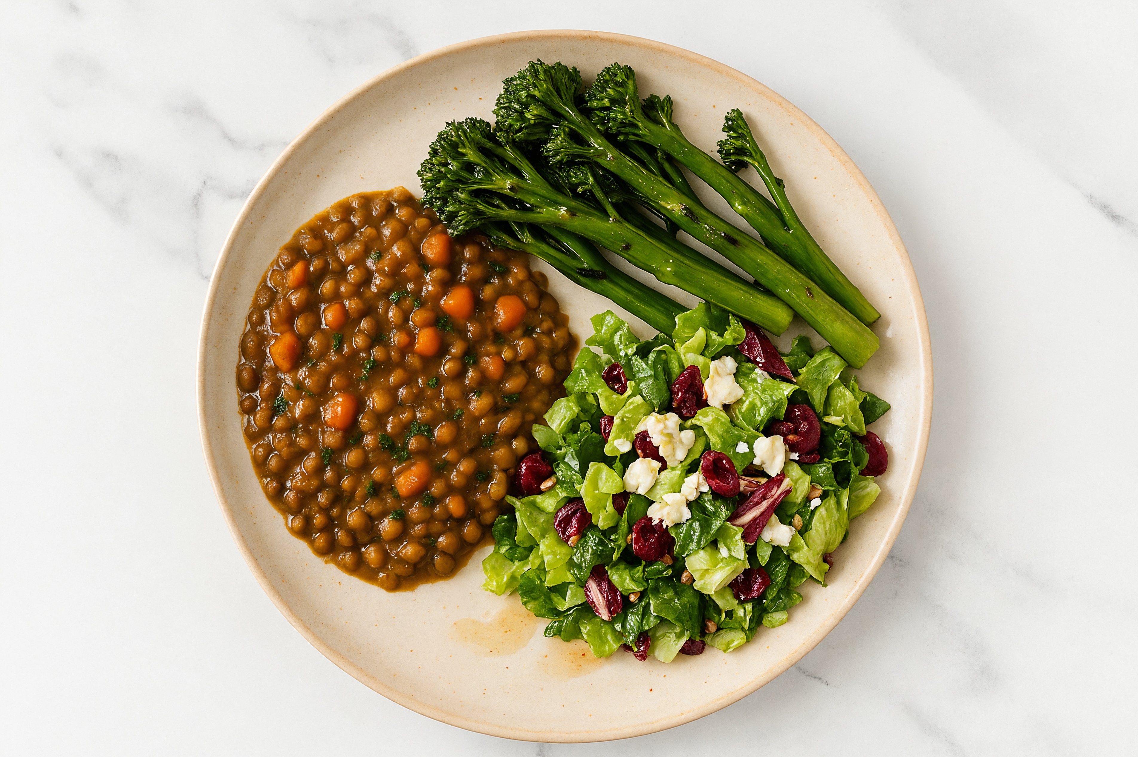 French Mirepoix Lentils with Baby Broccoli + Chopped Salad