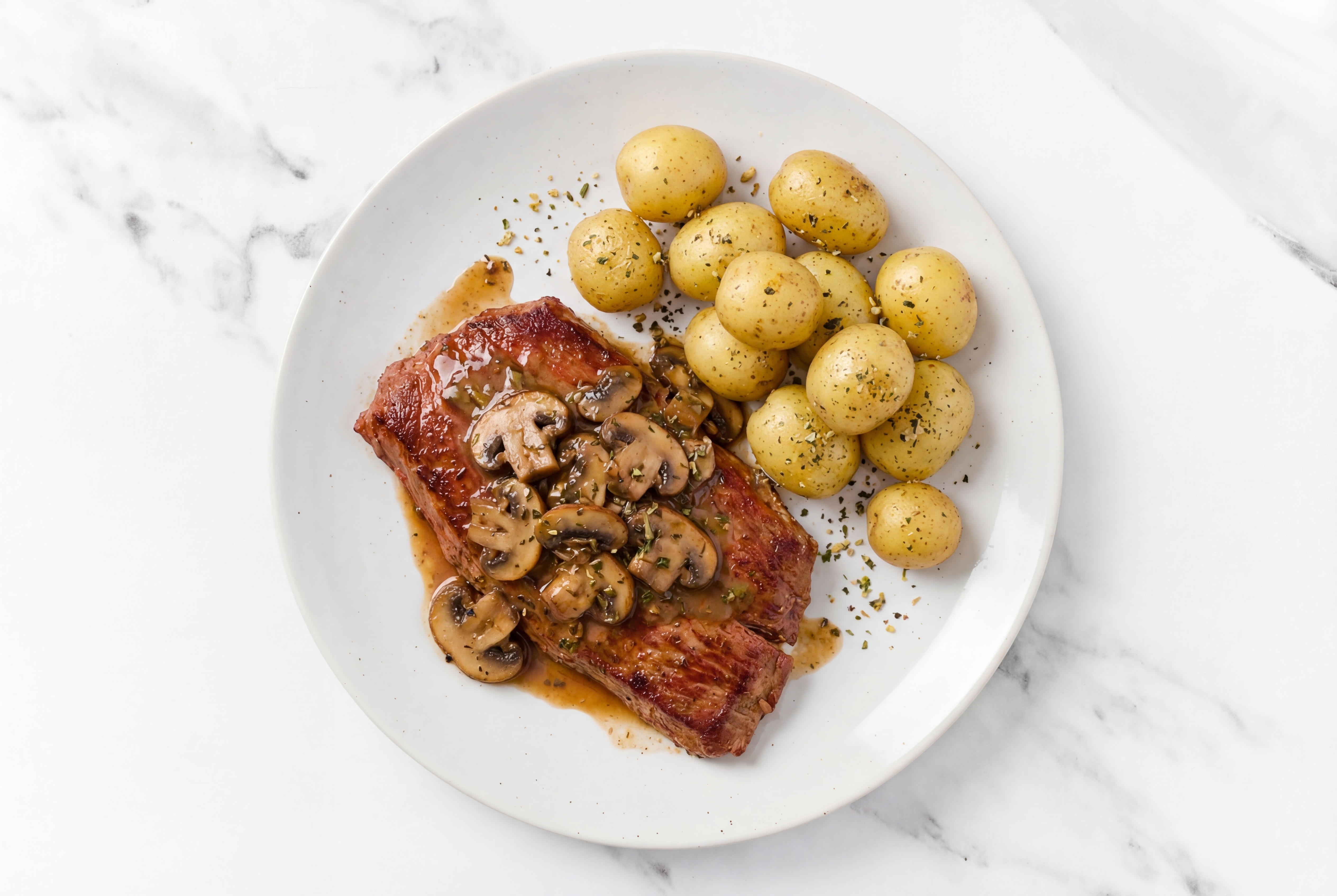Adobo Marinated Flank Steak + Yellow Potatoes with Mushroom Pan Sauce