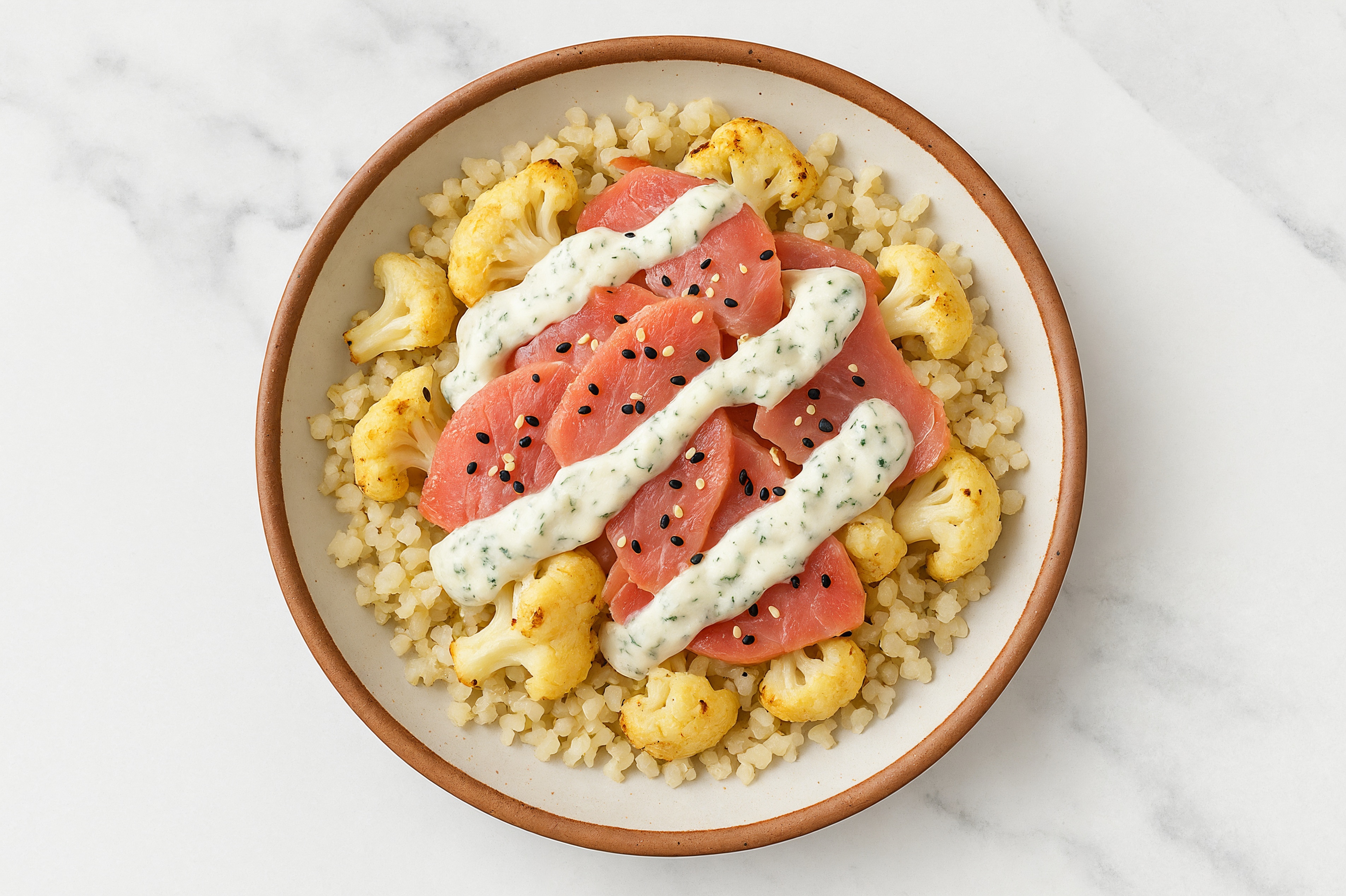 Tuna Cauliflower Rice Bowl with Tzatziki & Cauliflower