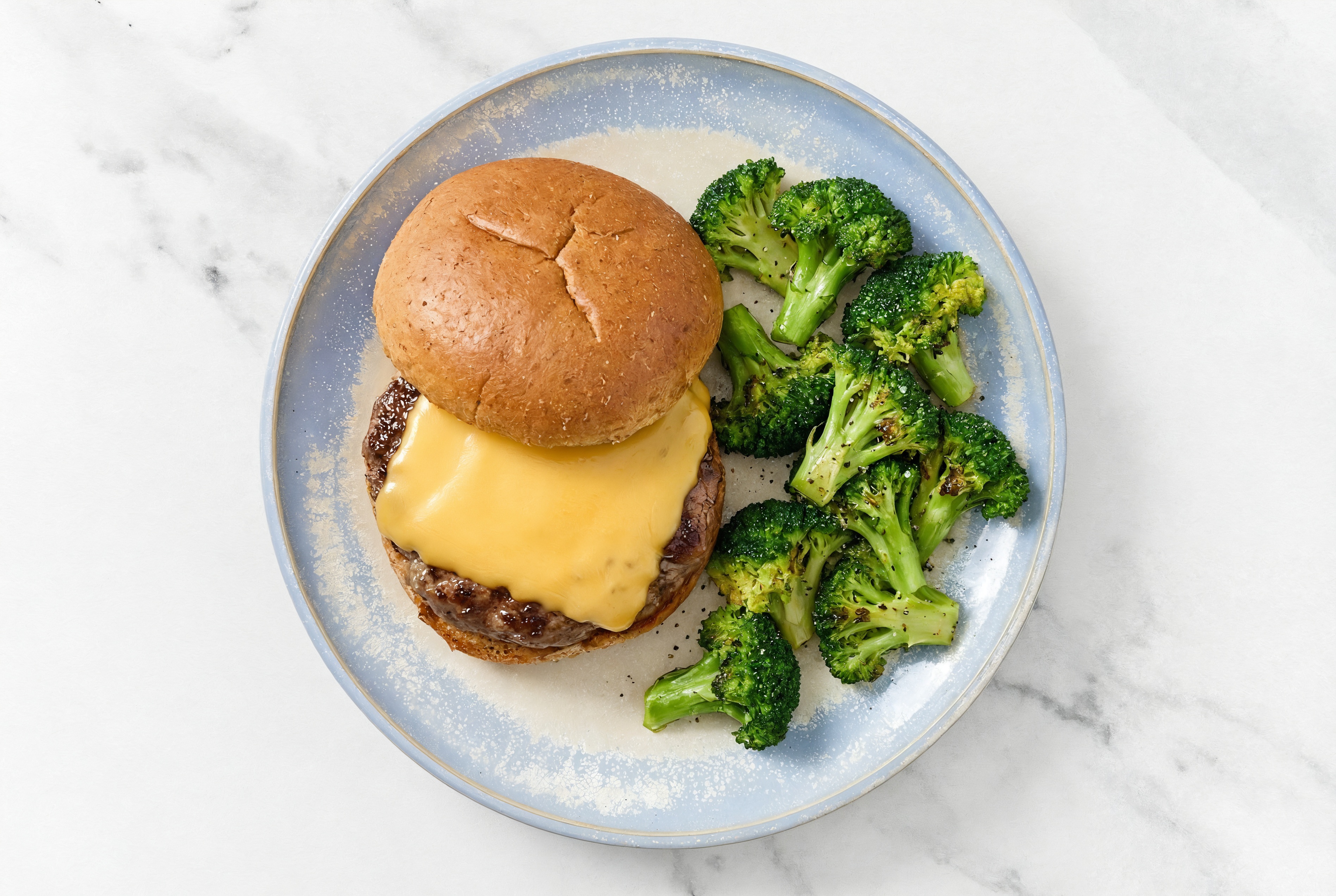 Classic Cheese Burger with Organic Broccoli Side with Wagyu Beef Patties