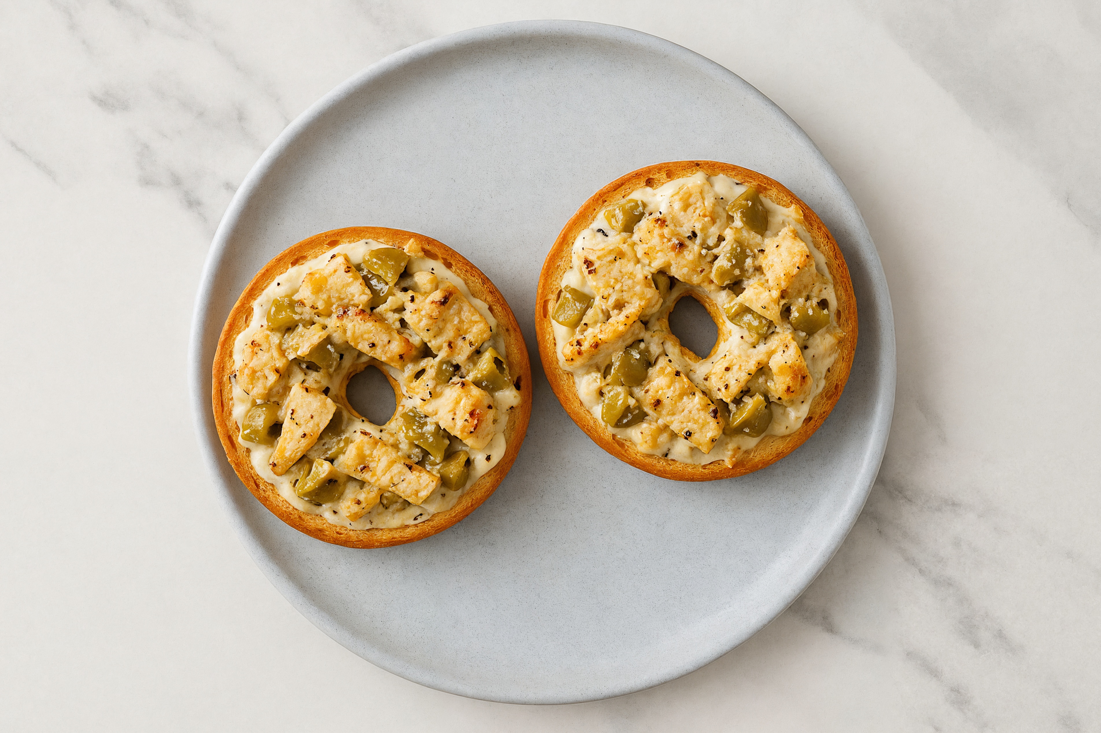Cheesy Grilled Chicken + Green Olives Pizza Gluten-Free Plain Bagels