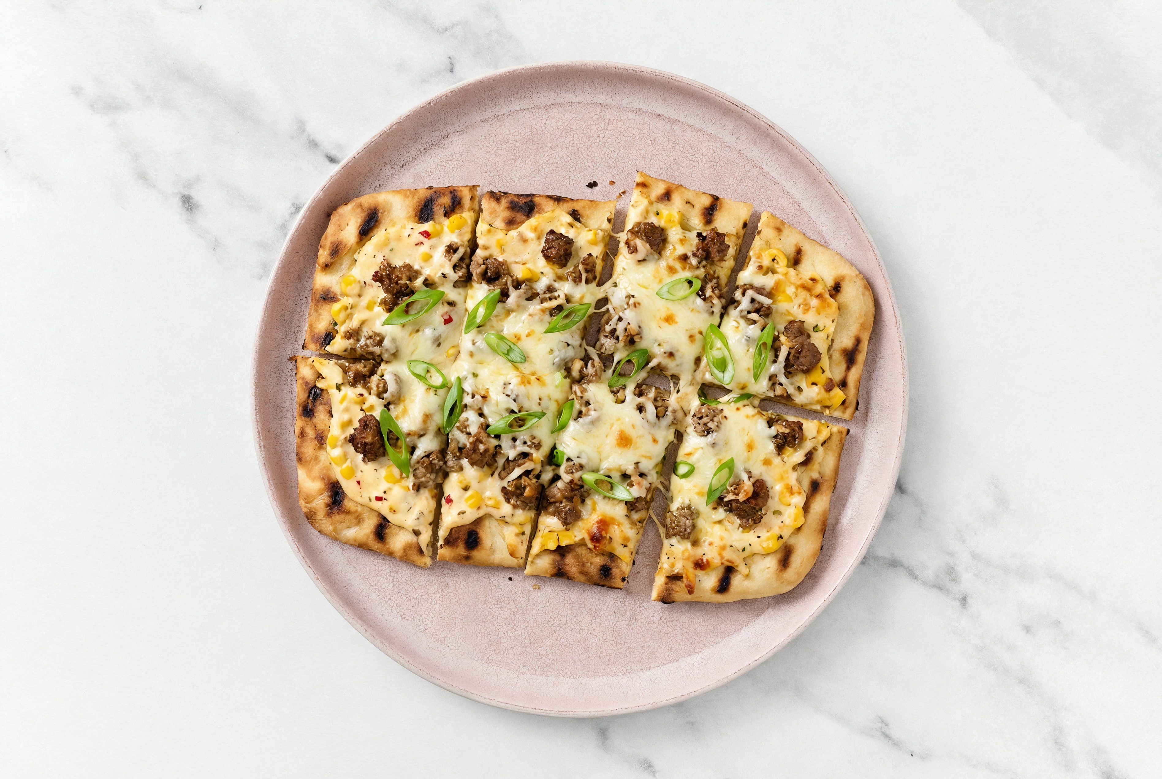 Street Corn Ground Italian-Style Beef Grilled Pizza with Mozzarella + Fresh Scallions