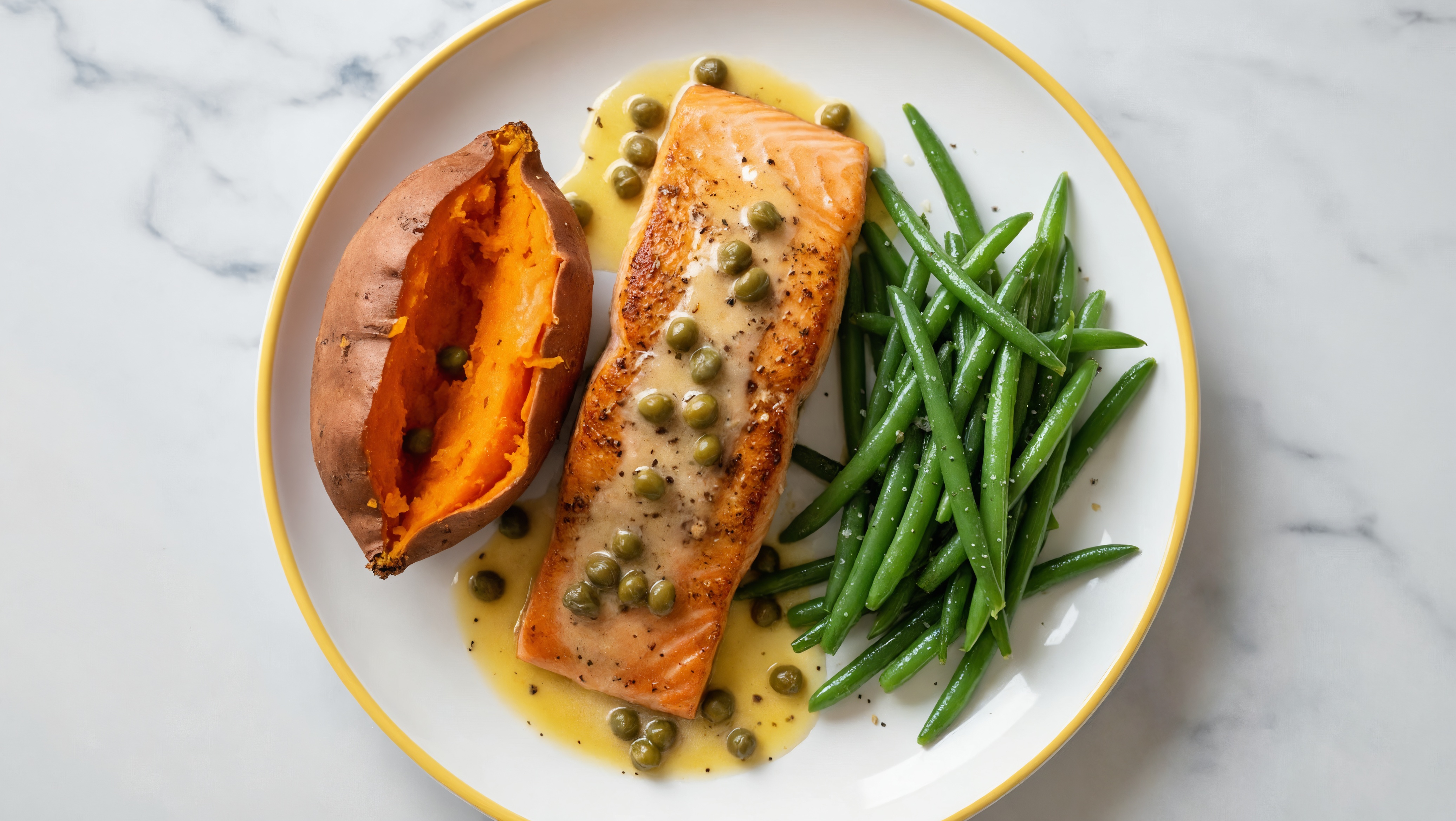Caper-Slow Churned Lemon & Peppercorn Pasture Butter Salmon with Sweet Potato & Green Beans