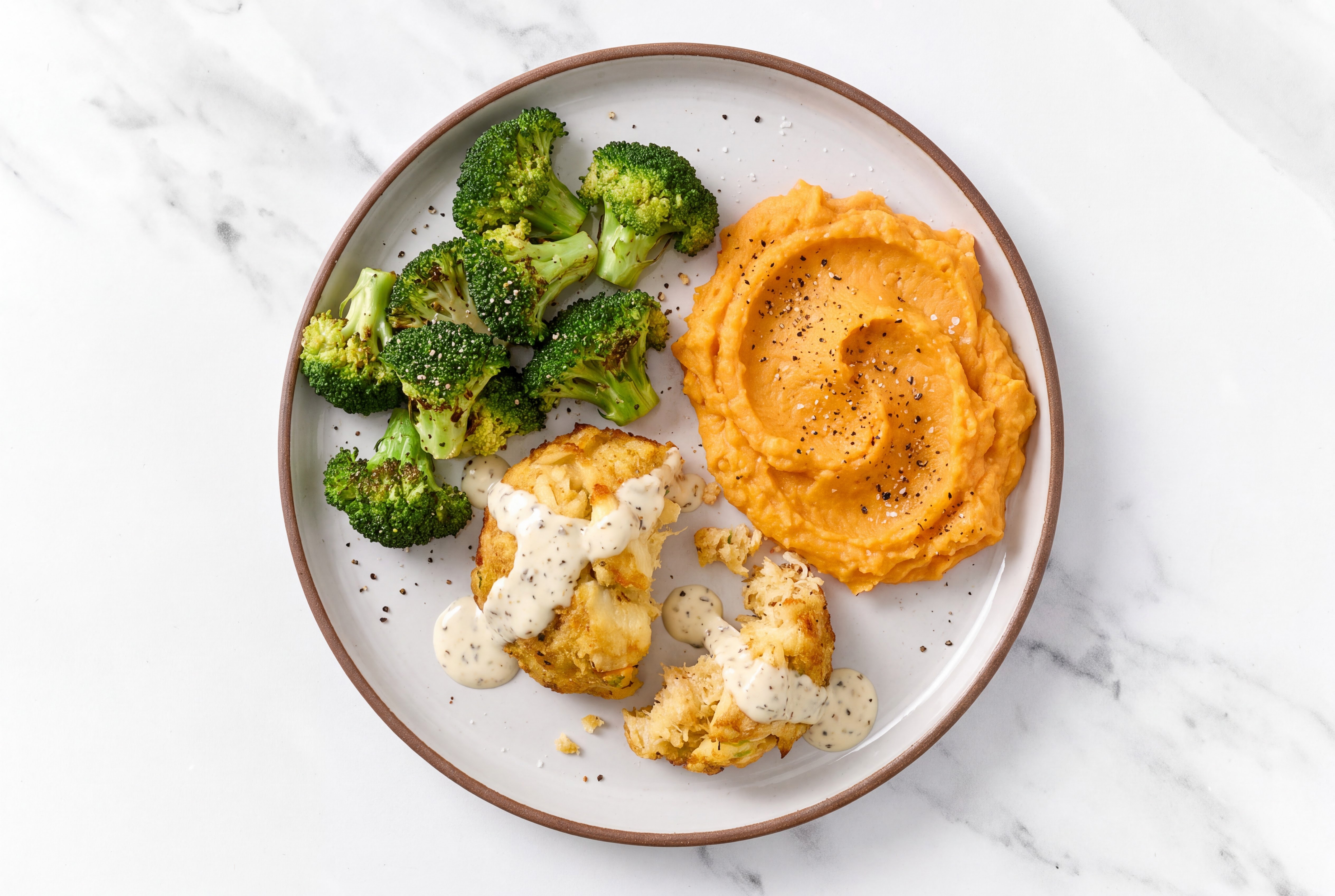 Herby Garlicky Jumbo Lump Crab Cakes with Sweet Potato Mash