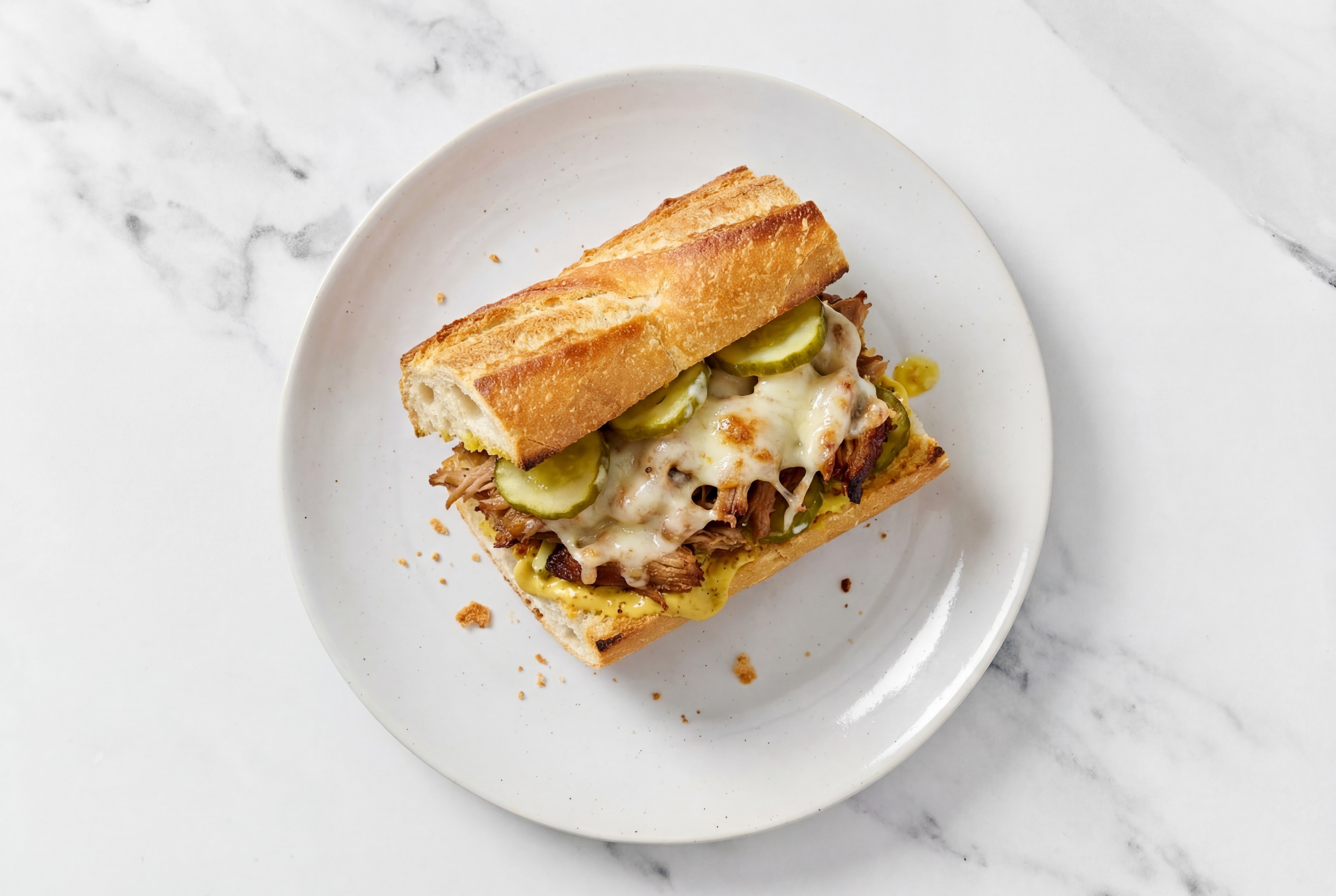 Classic Cubano Baguette Sandwich with Sliced Mozzarella Cheese