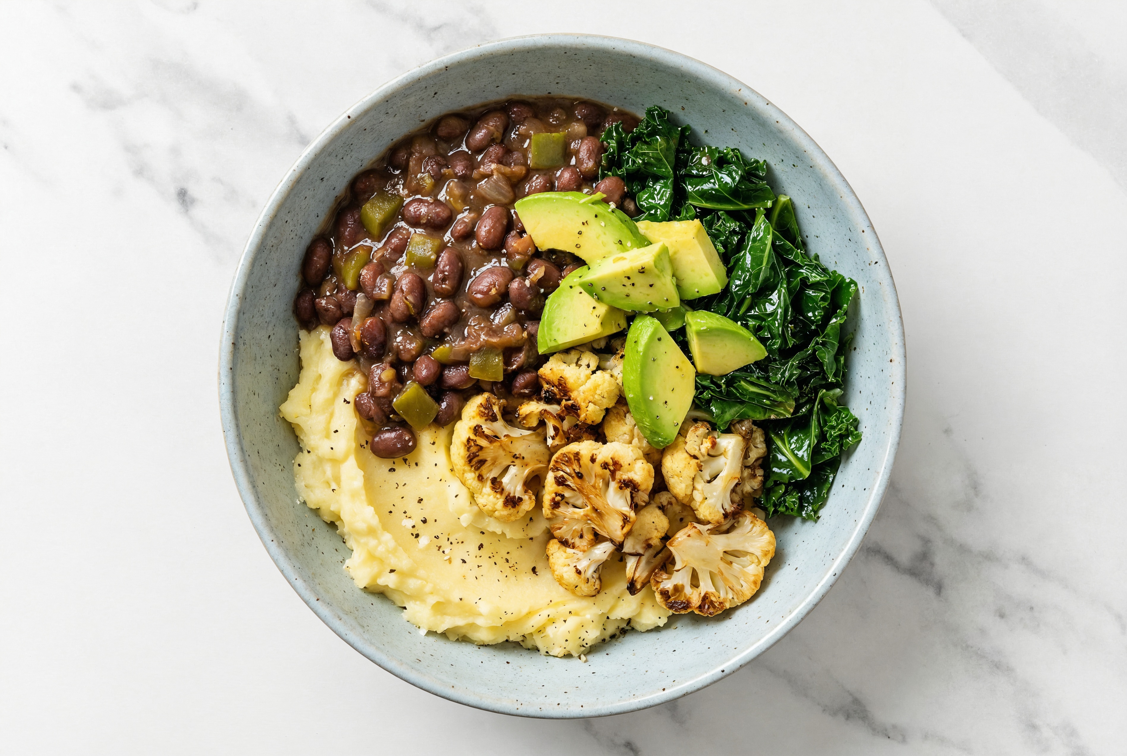 Black Beans, Kale + Roasted Seasoned Cauliflower Mashed Potato Bowl