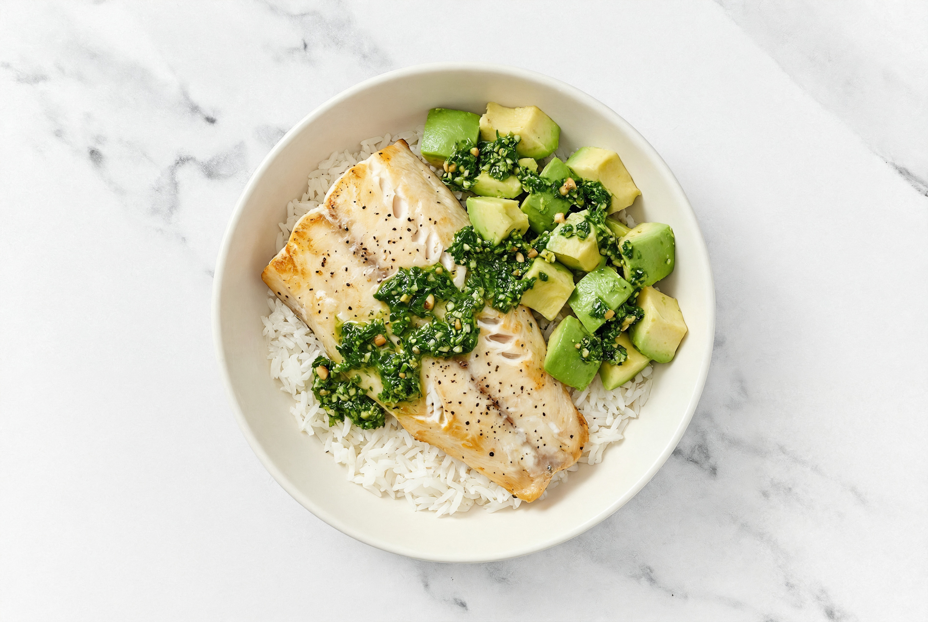 Steelhead Trout & Avocado Grain Bowl with Kale Spinach Pesto