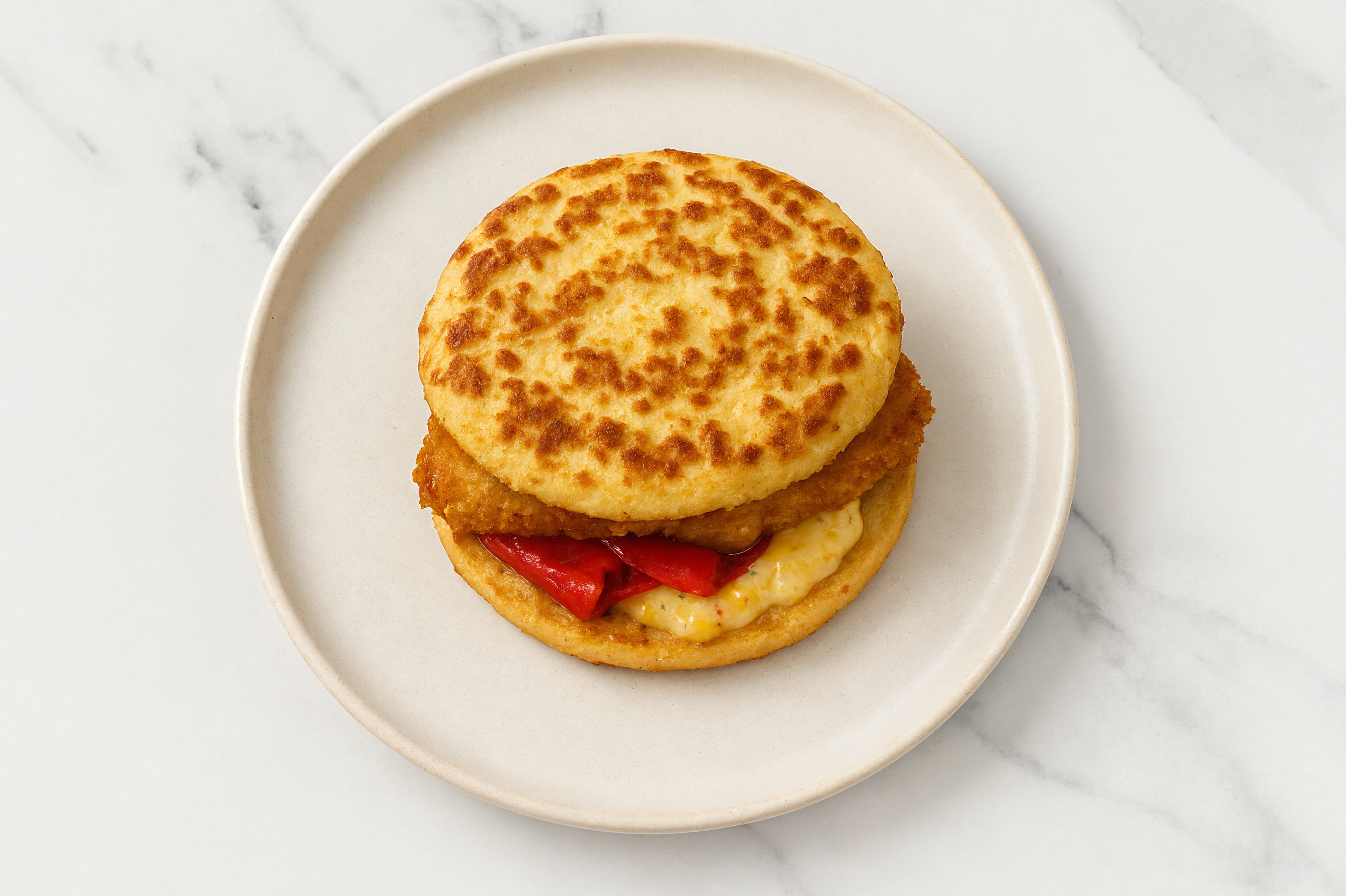 Street Corn "Chicken" Tenders Sandwich with Roasted Peppers on Cauliflower Rounds