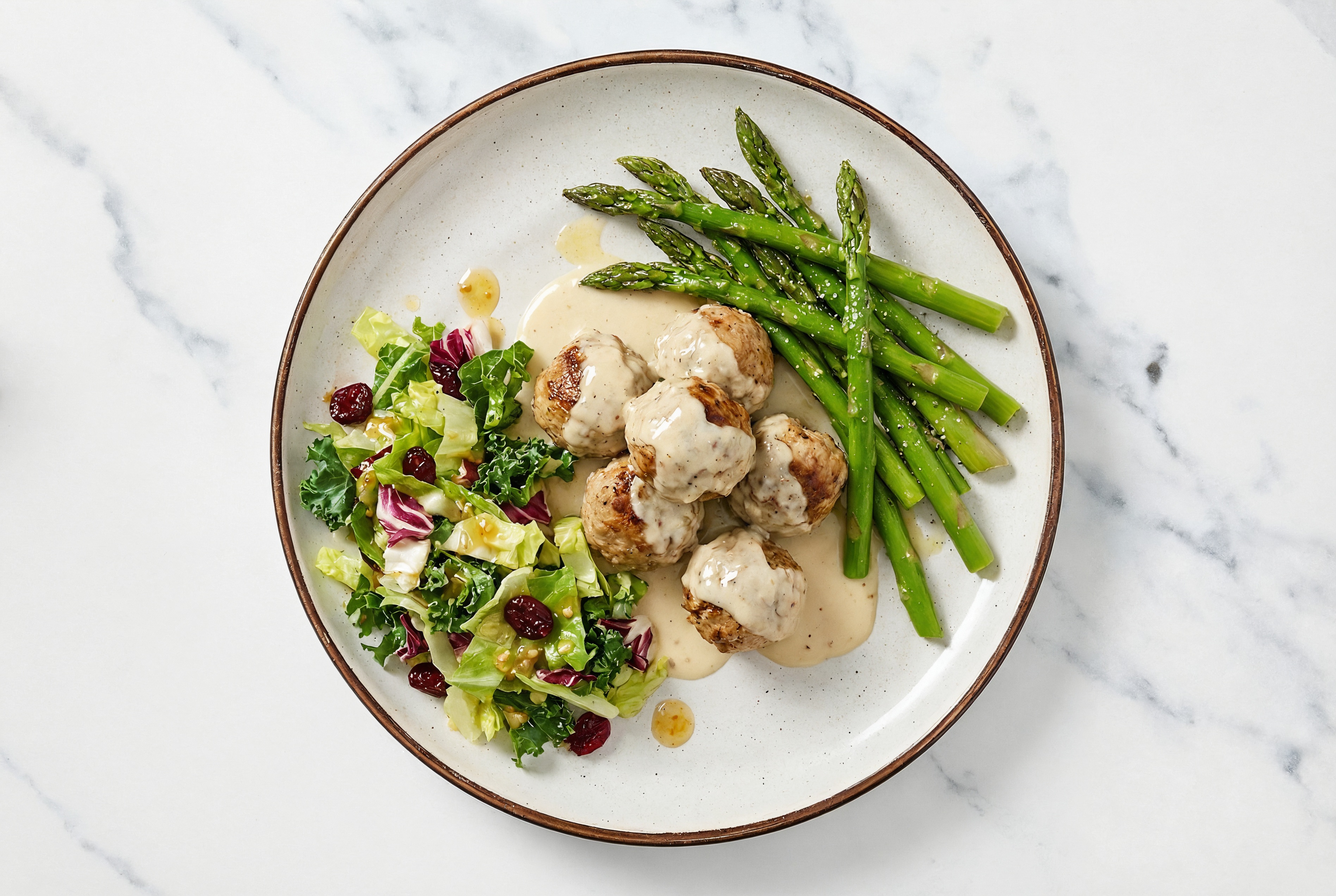 Horseradish Baked Turkey Meatballs & Asparagus with Honey Citrus Salad