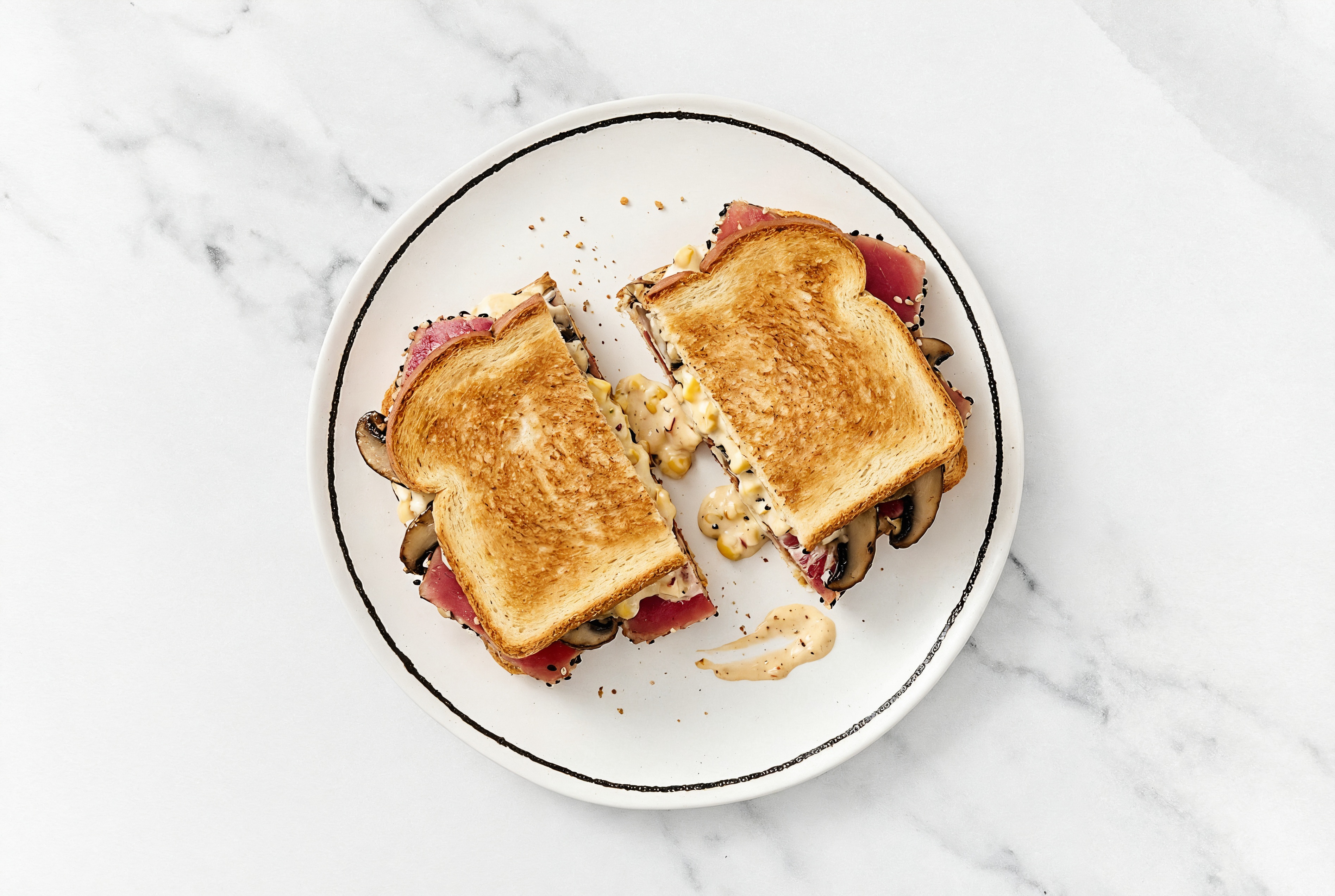 Street Corn Smoked Tuna Sandwich with Portabellas on Honey White Bread