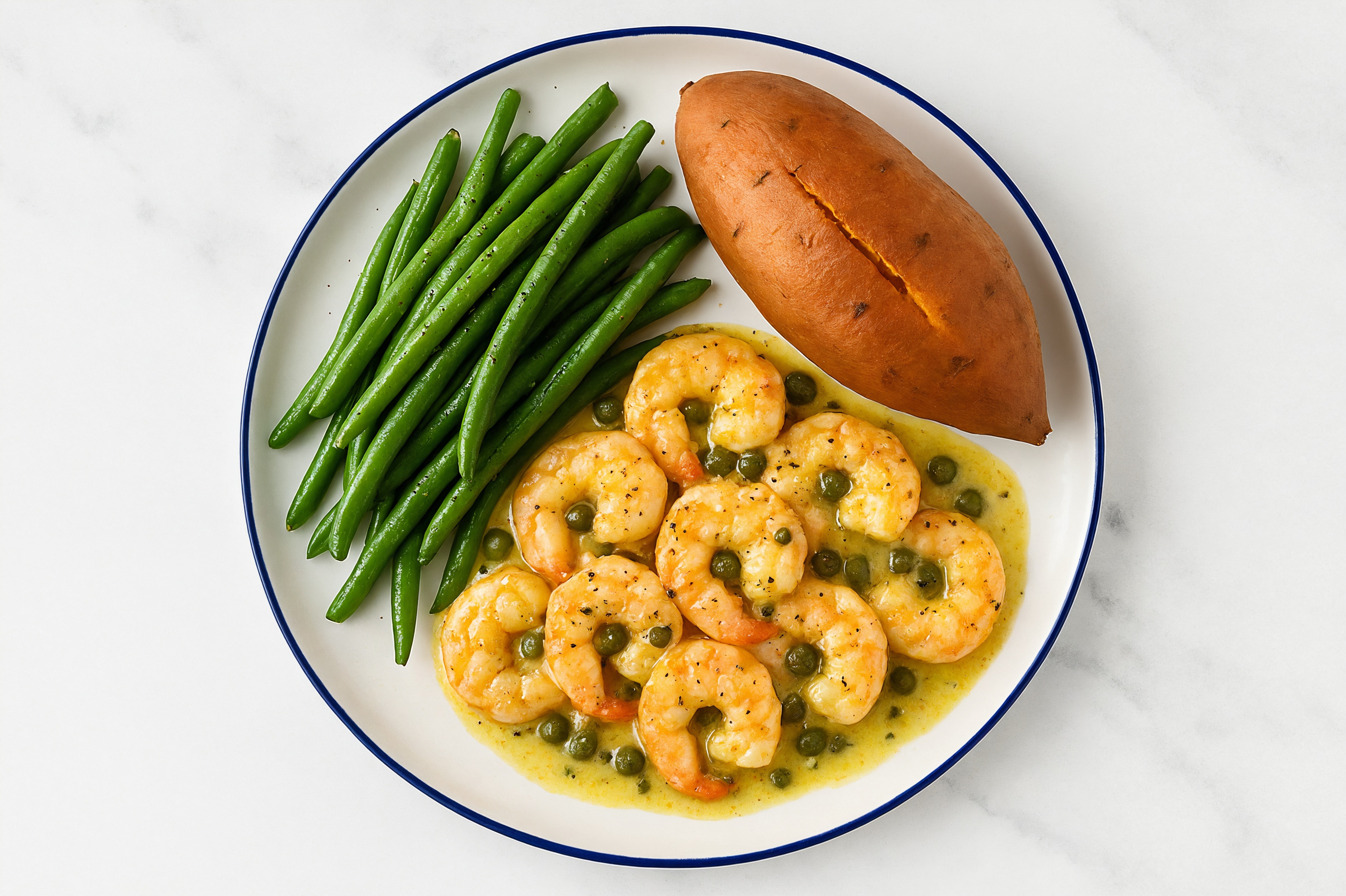 Caper-Slow Churned Lemon & Peppercorn Pasture Butter Shrimp with Sweet Potato & Green Beans