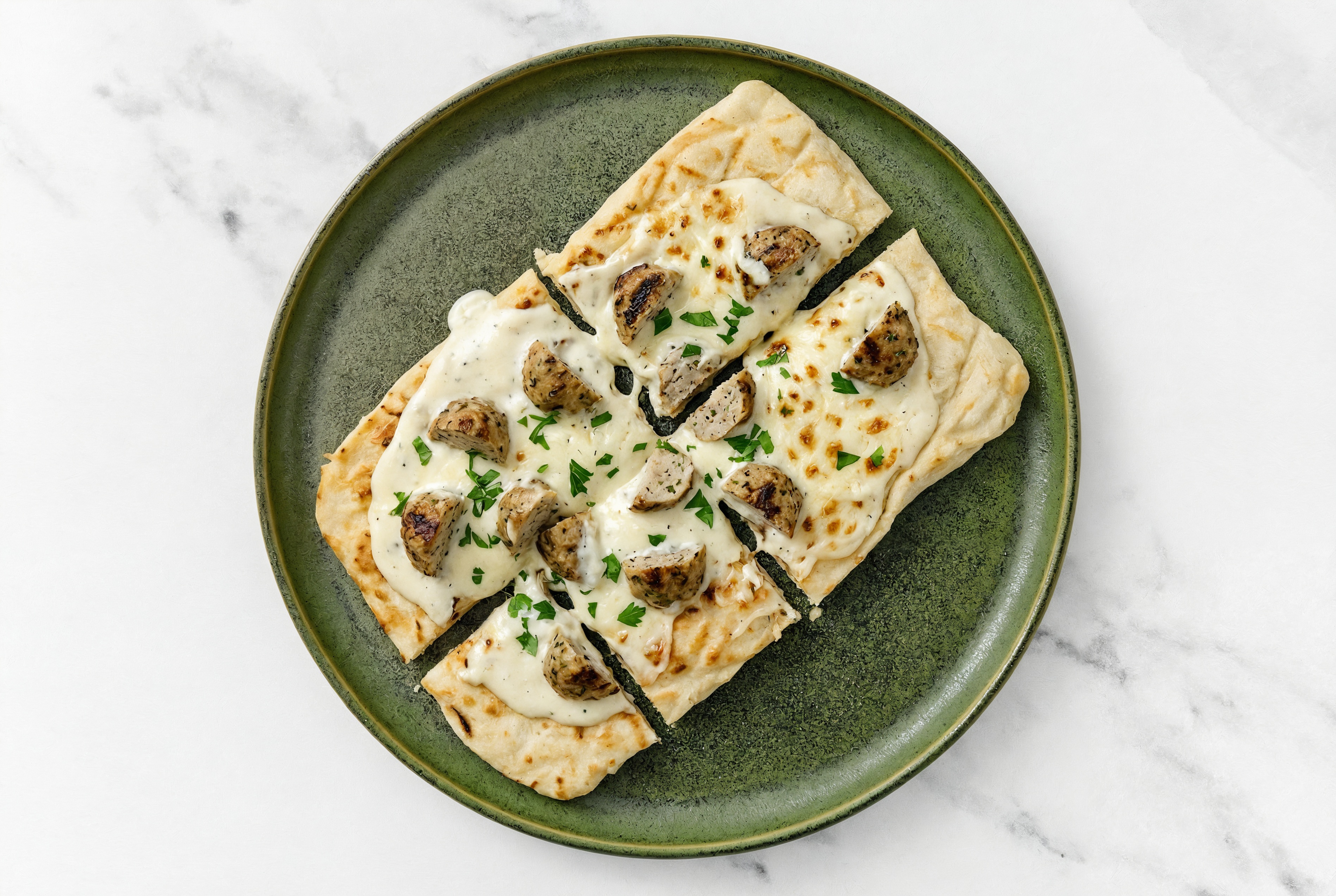 Creamy Turkey Meatball Grilled Pizza with Mozzarella + Fresh Parsley