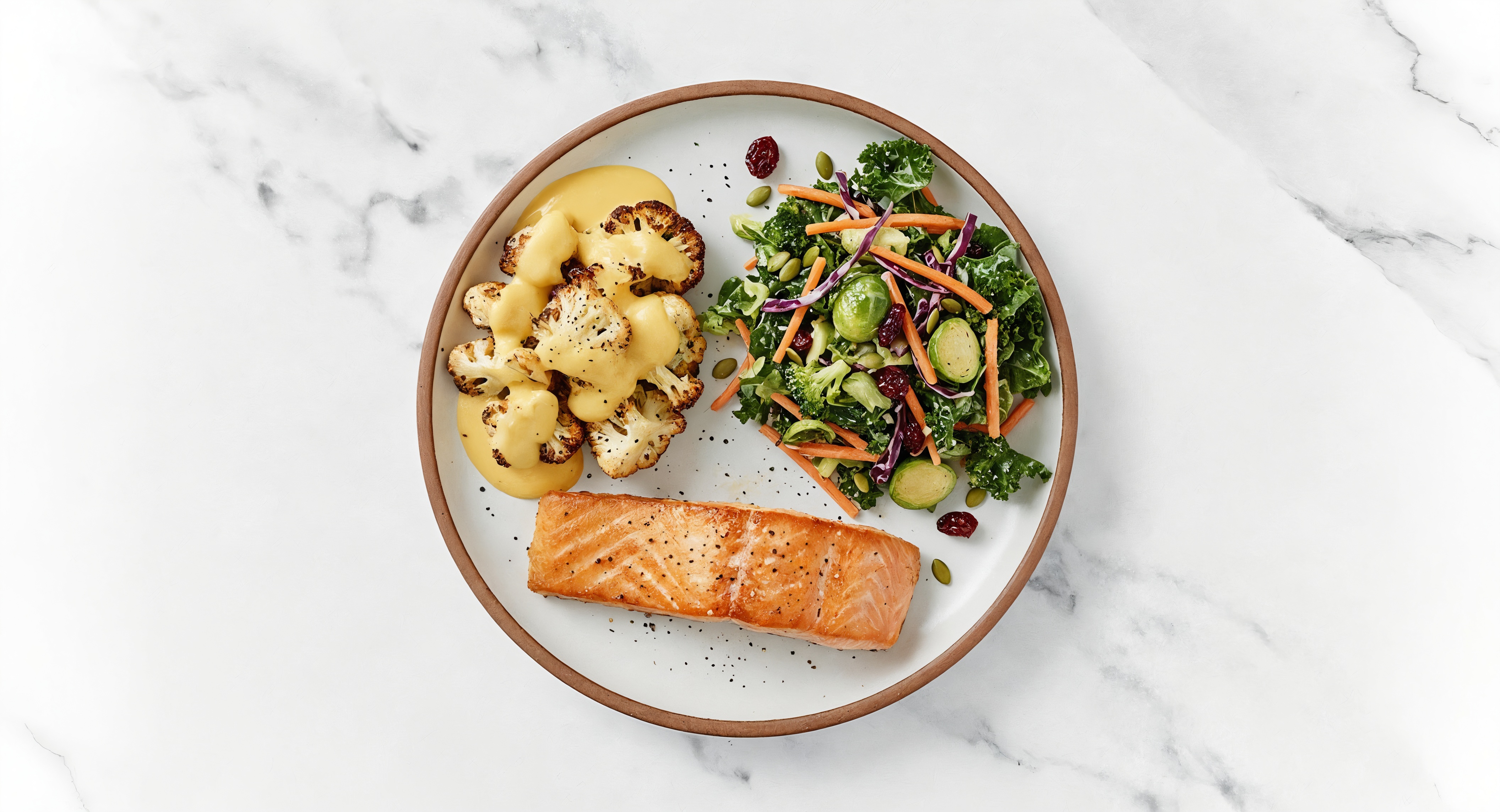 Seared Salmon + Creamy Cheddar Cauliflower with Sweet Kale Salad Kit