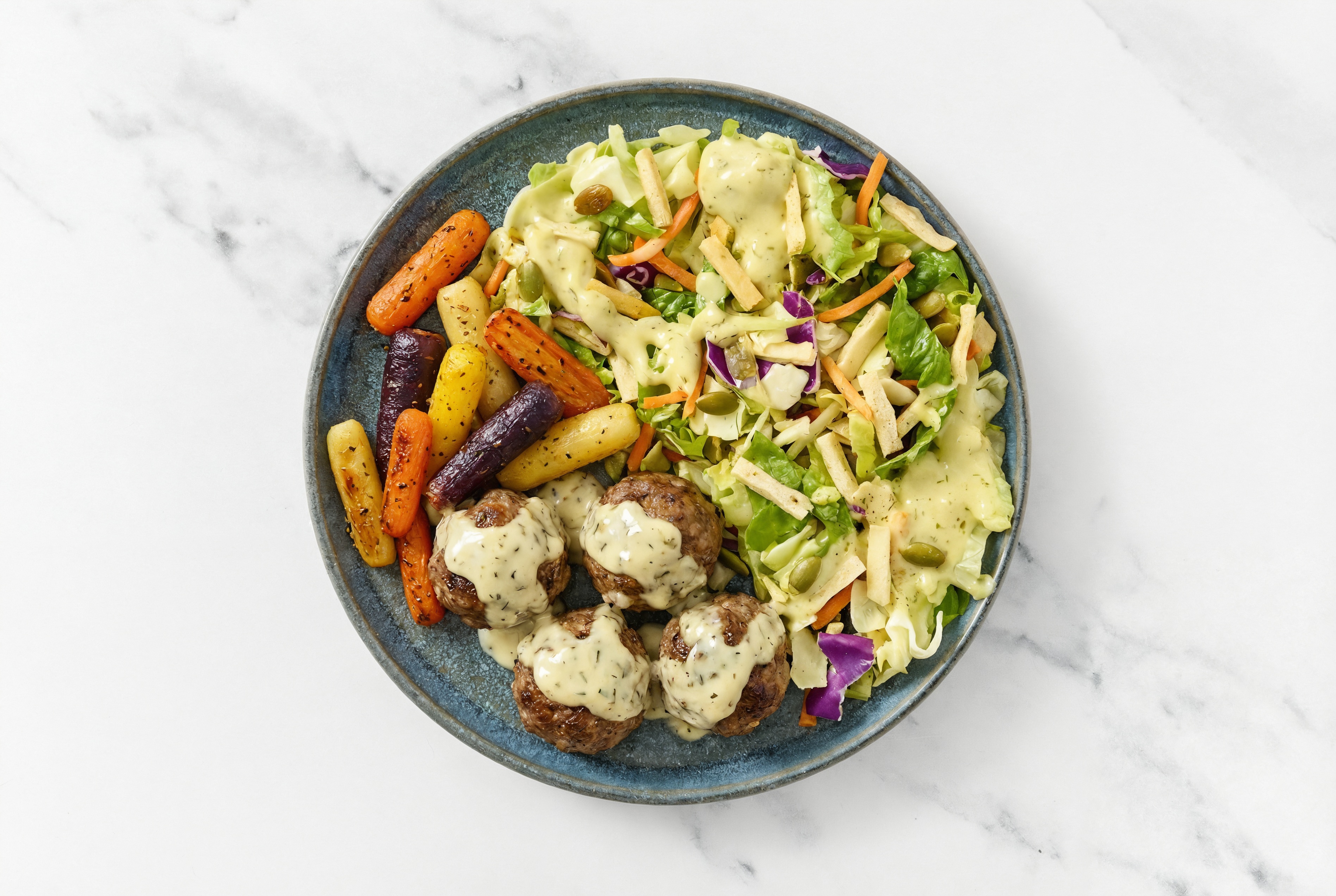 Creamy Garlic Baked Beef Meatballs & Baby Carrots with Avocado Salad
