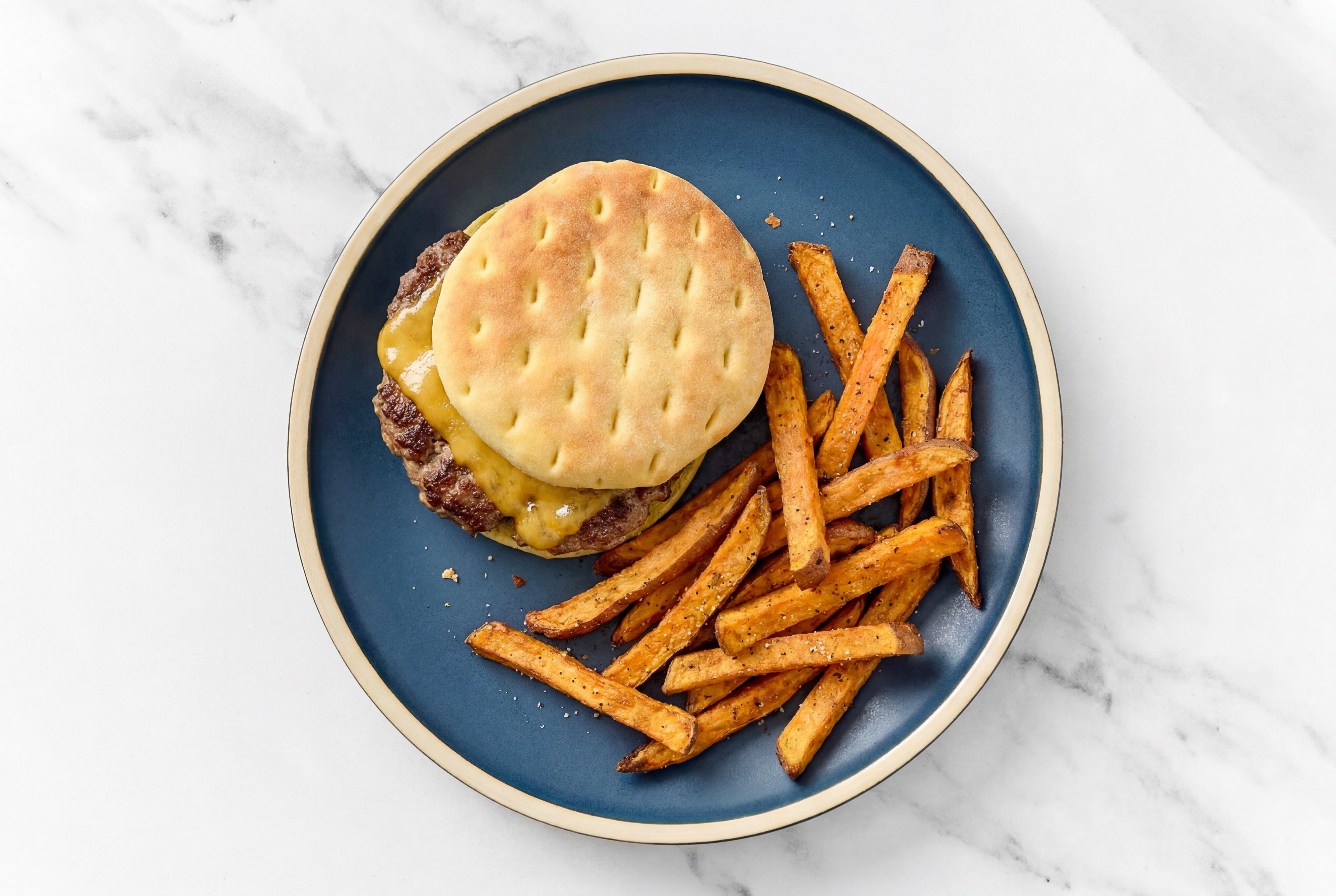 Herby Cheesy Mexican-Style Ground Beef Burger + Sweet Potato Fries