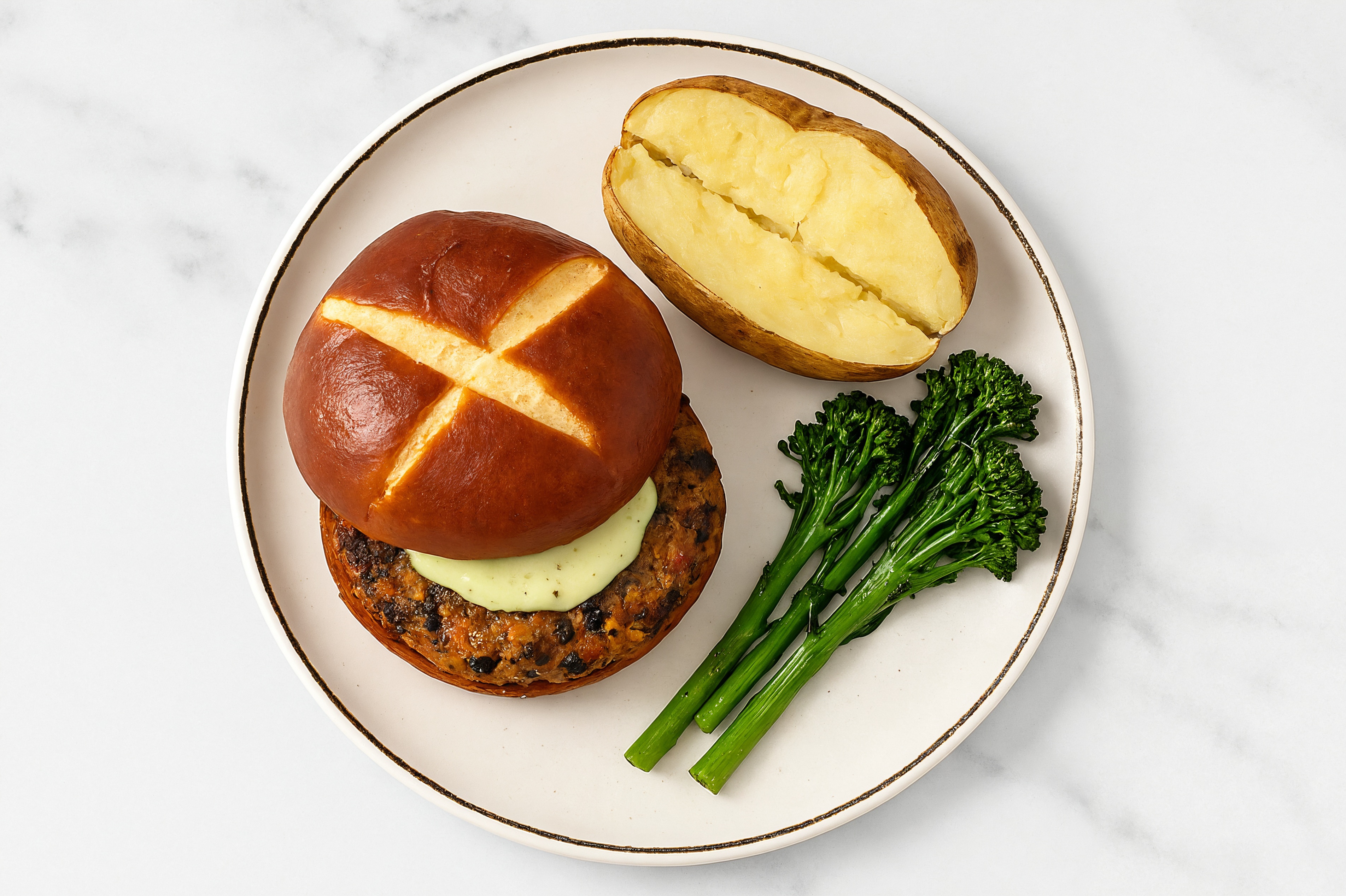 Jalapeño Black Bean Burger on Pretzel Bun with Baby Broccoli