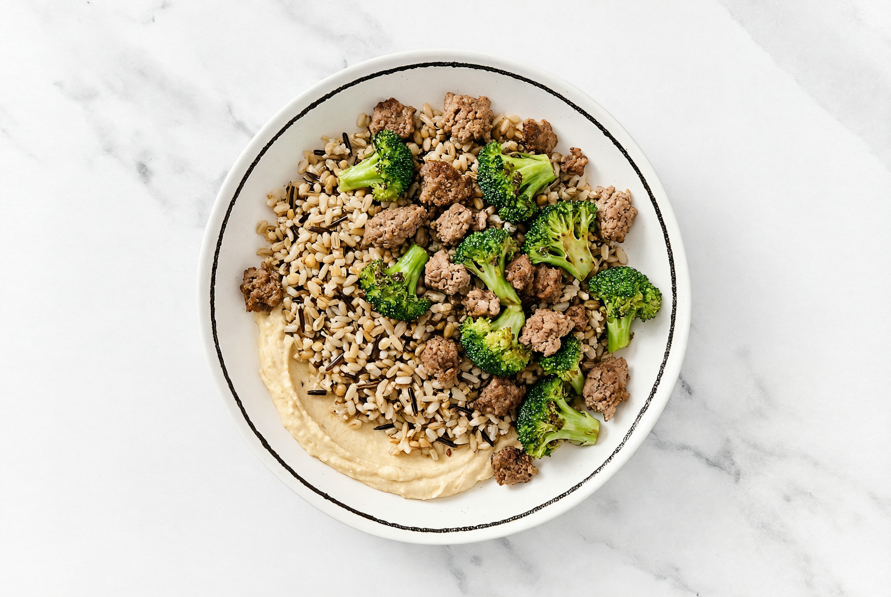 Ground Bison & Broccoli Grain Bowl with Onion Hummus