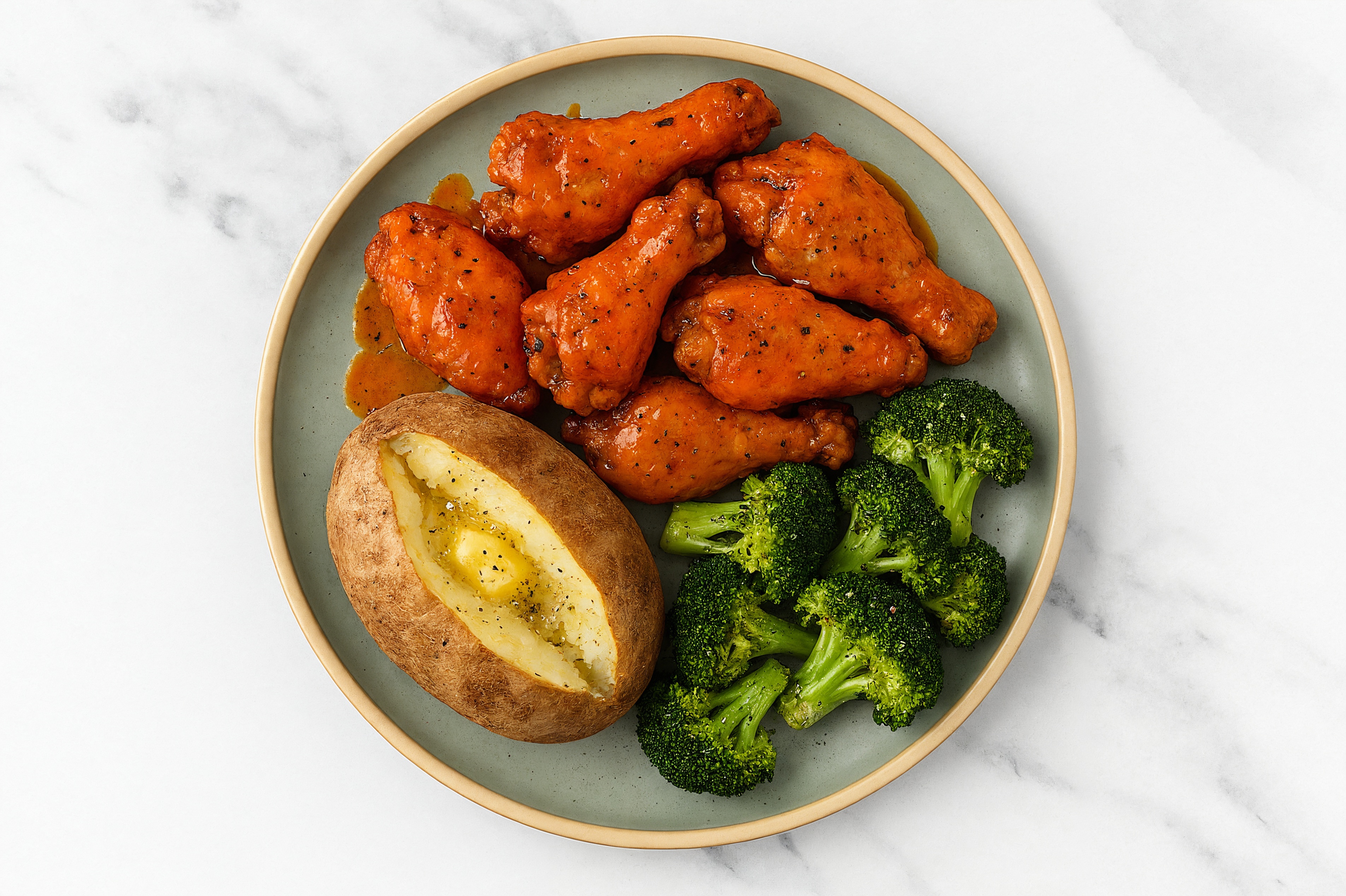 Buffalo Chicken Wings with Baked Potato + Organic Broccoli