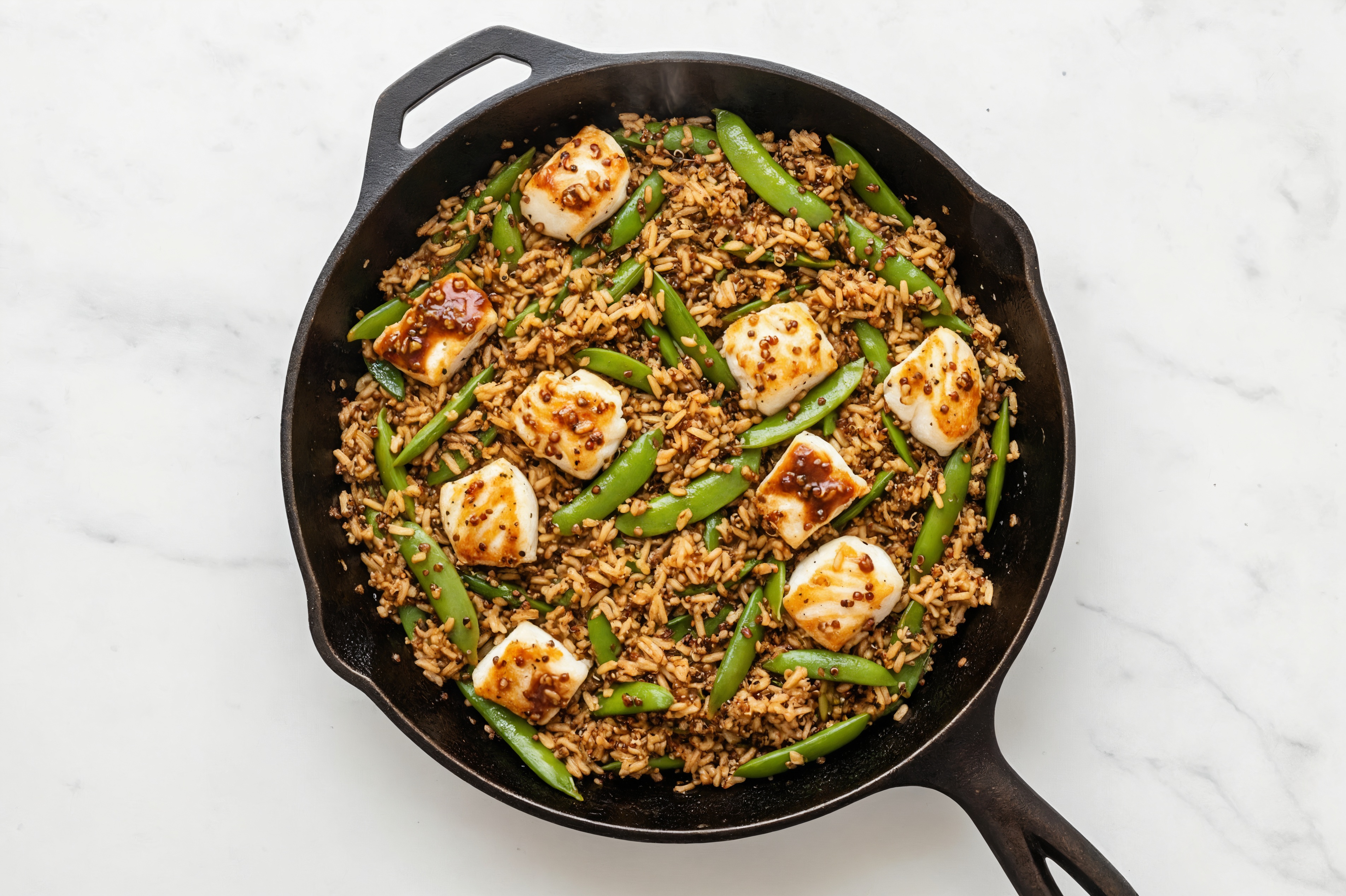 Sweet + Sour Pea Snap + Wild Halibut Stir-Fry with Brown Rice Quinoa Blend