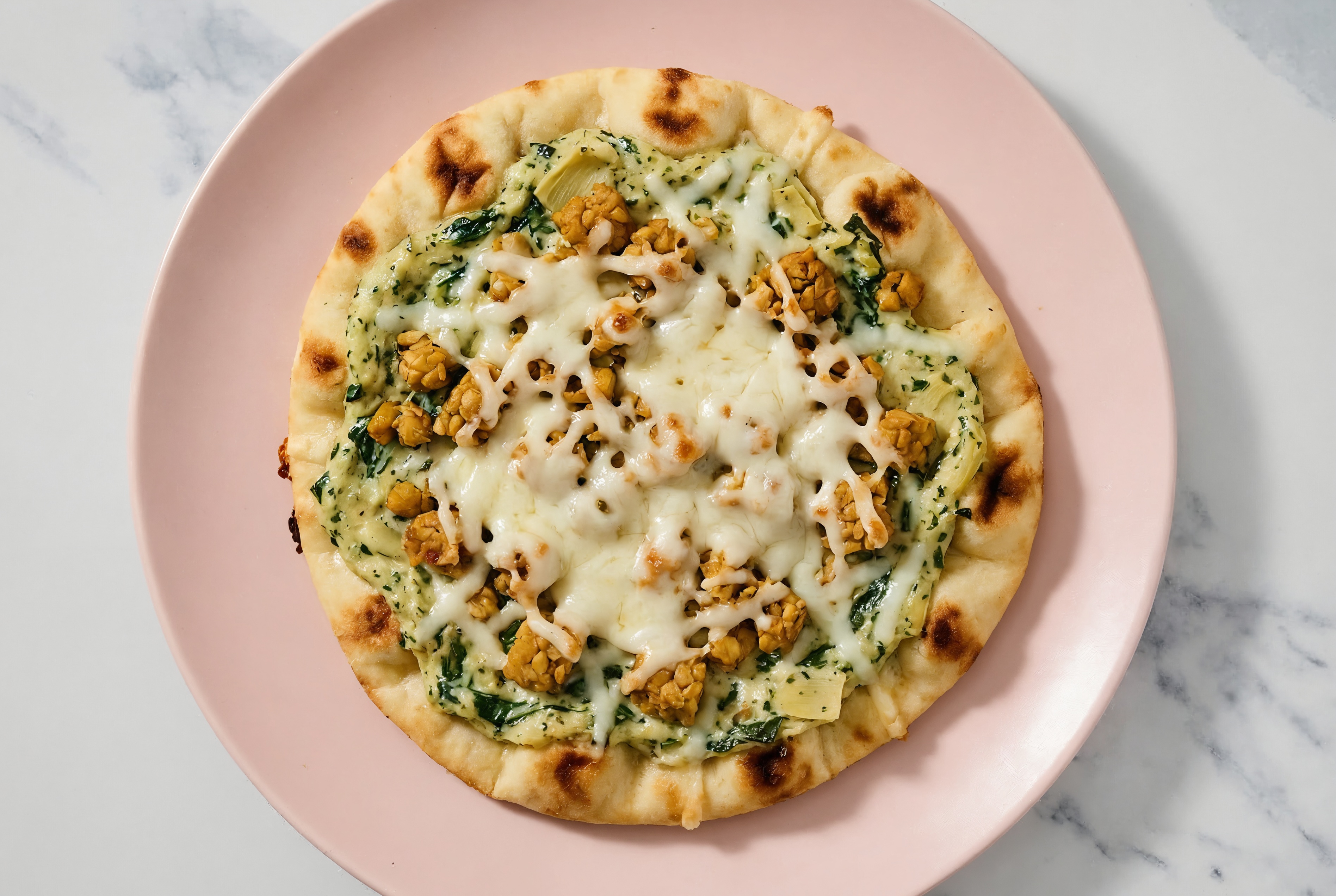 Cheezy Tempeh Spinach Artichoke Flatbread