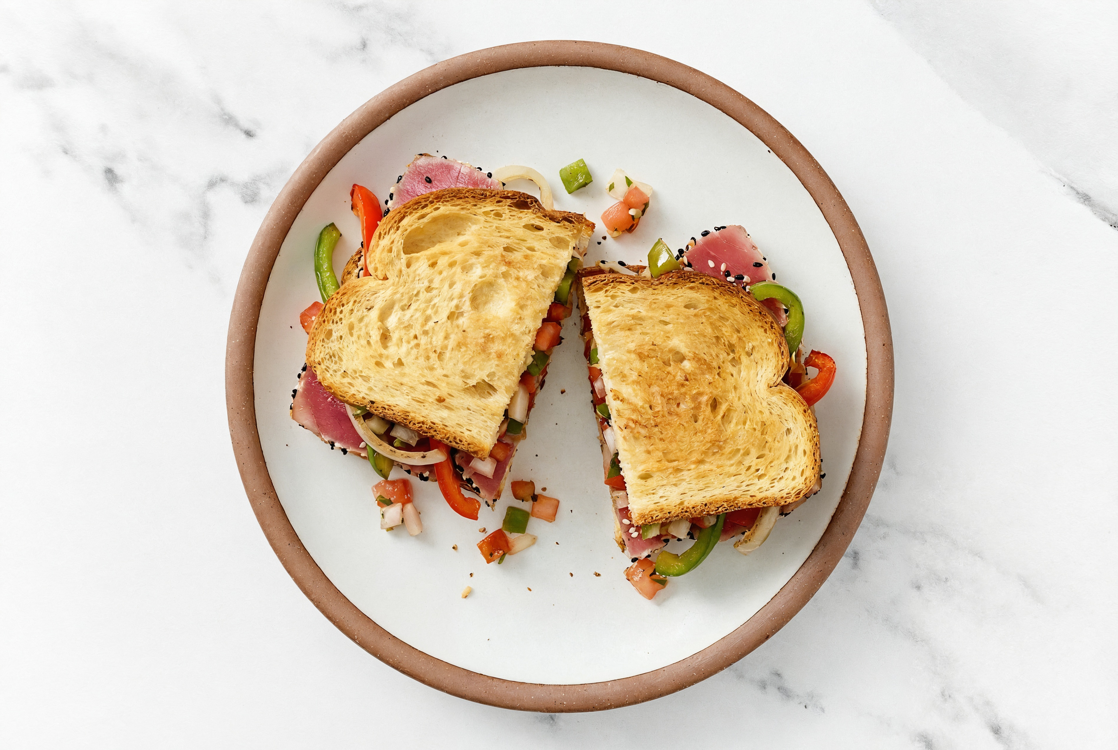 Mexican Smoked Tuna Sandwich with Peppers + Onion on Honey White Bread