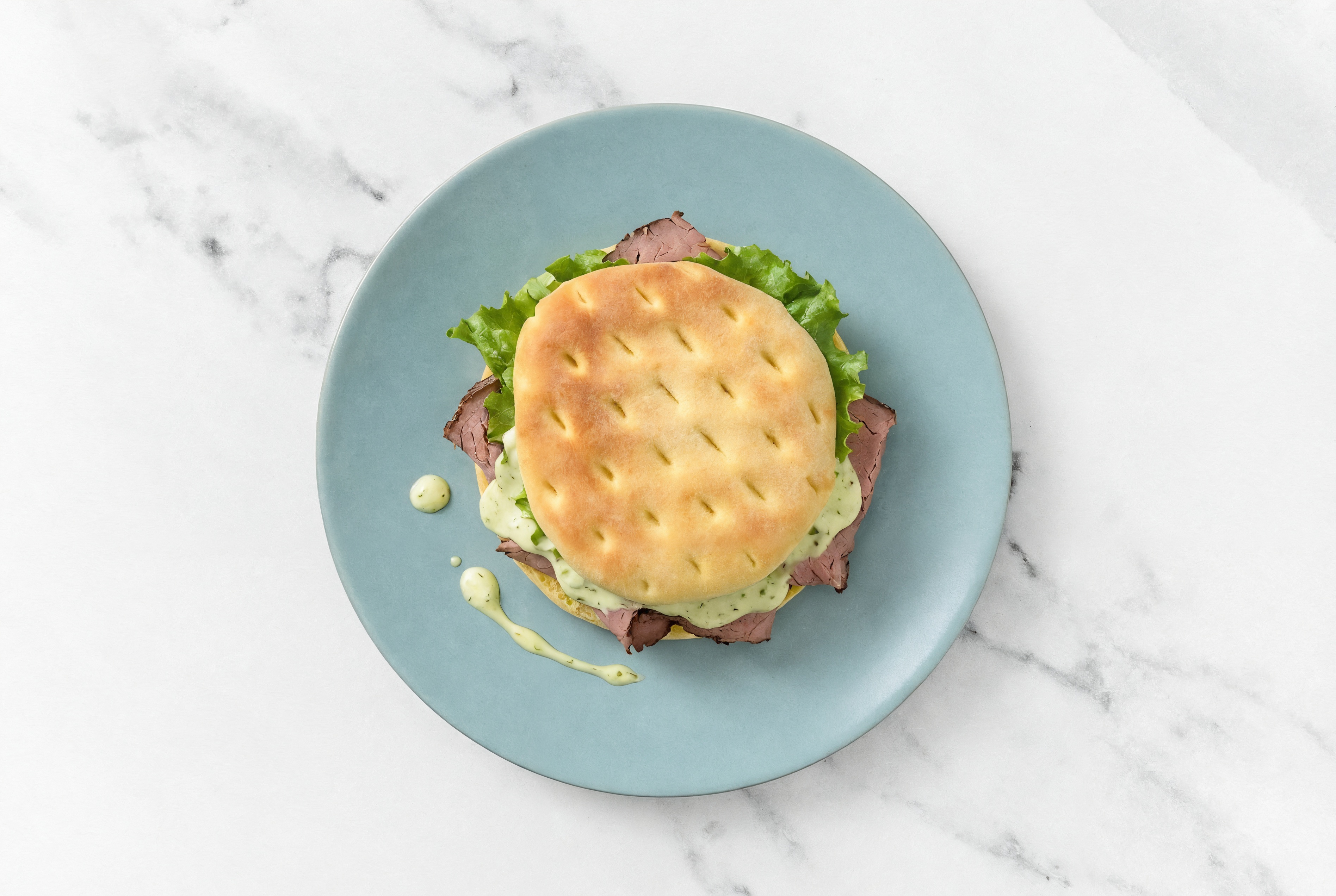 Roast Beef + Lettuce Sandwich with Brioche Buns + Creamy Jalapeño Sauce