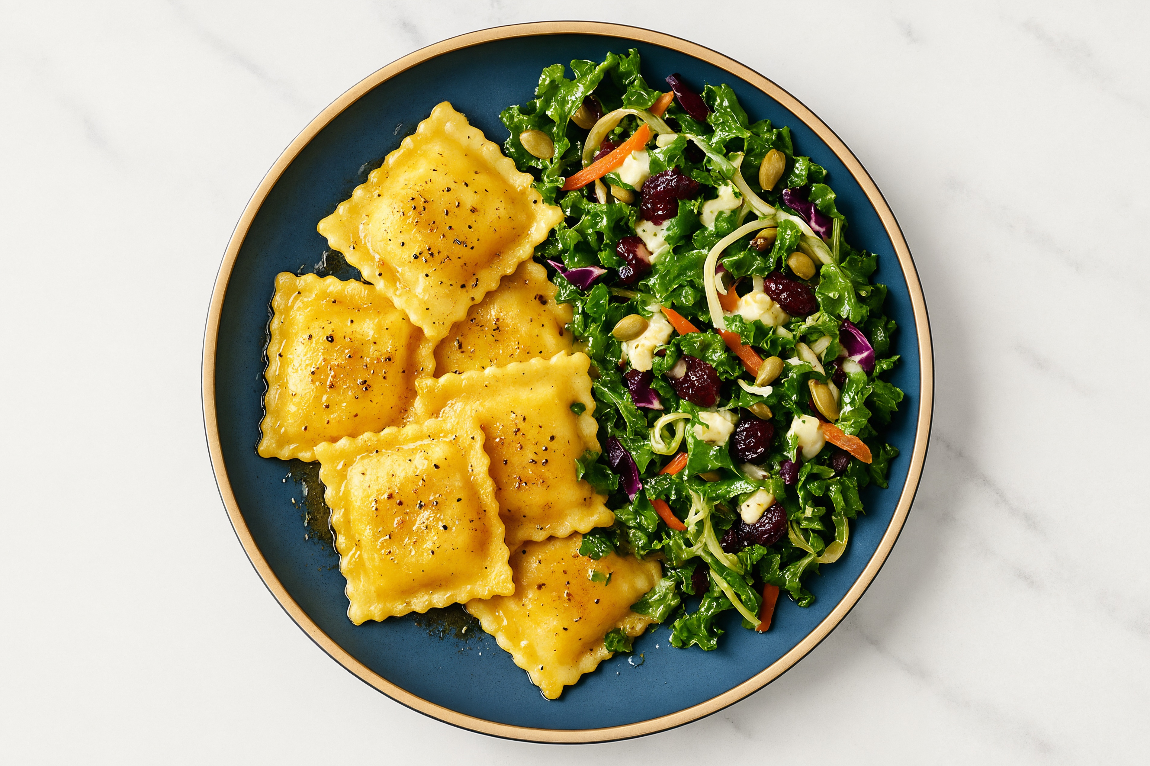 Lemon Pepper Brown Slow Churned & Peppercorn Pasture Butter Ravioli + Kale Salad