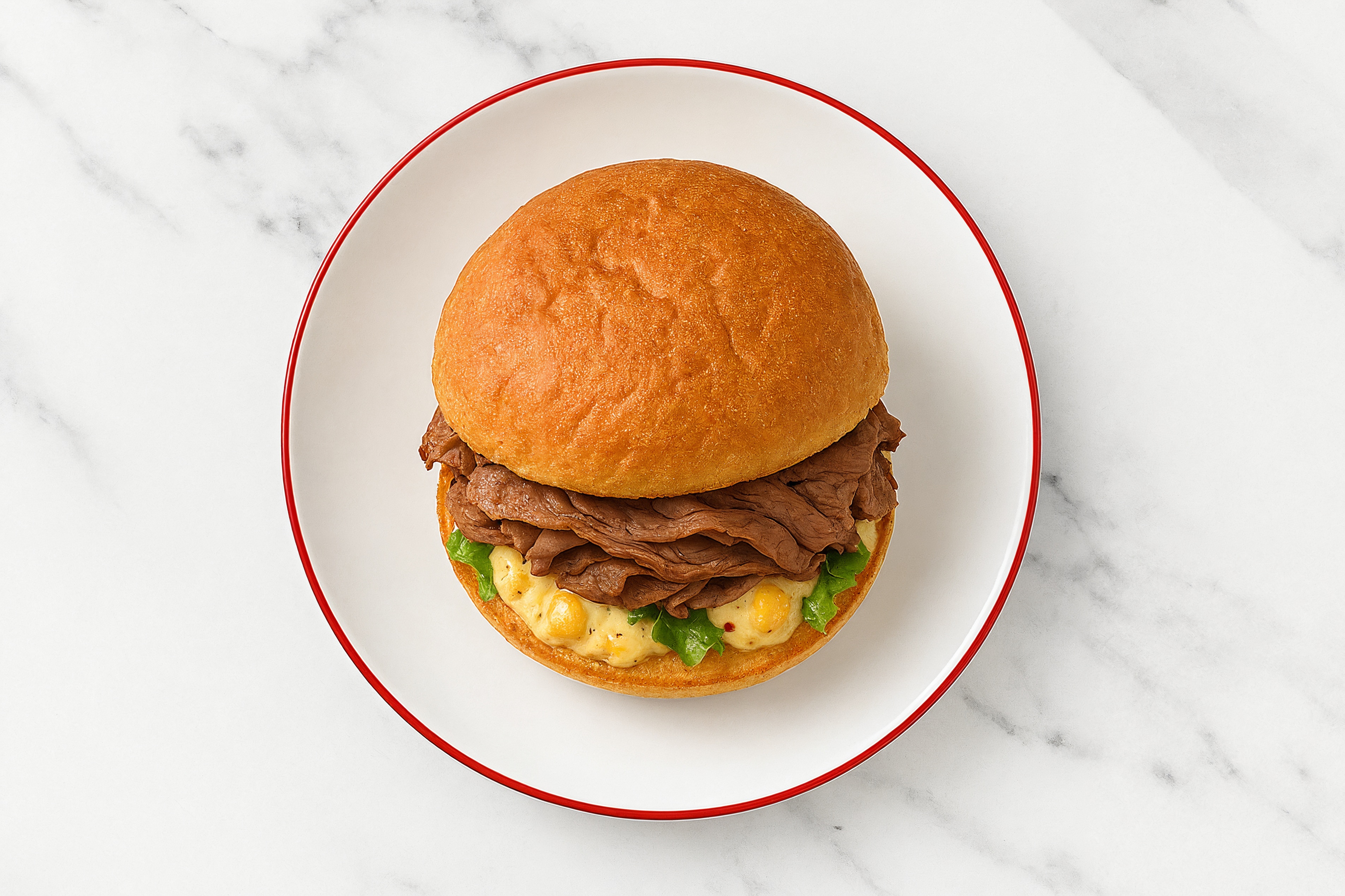 Street Corn Beef Steak Sandwich with Green Leaf Lettuce on Gluten-Free Buns