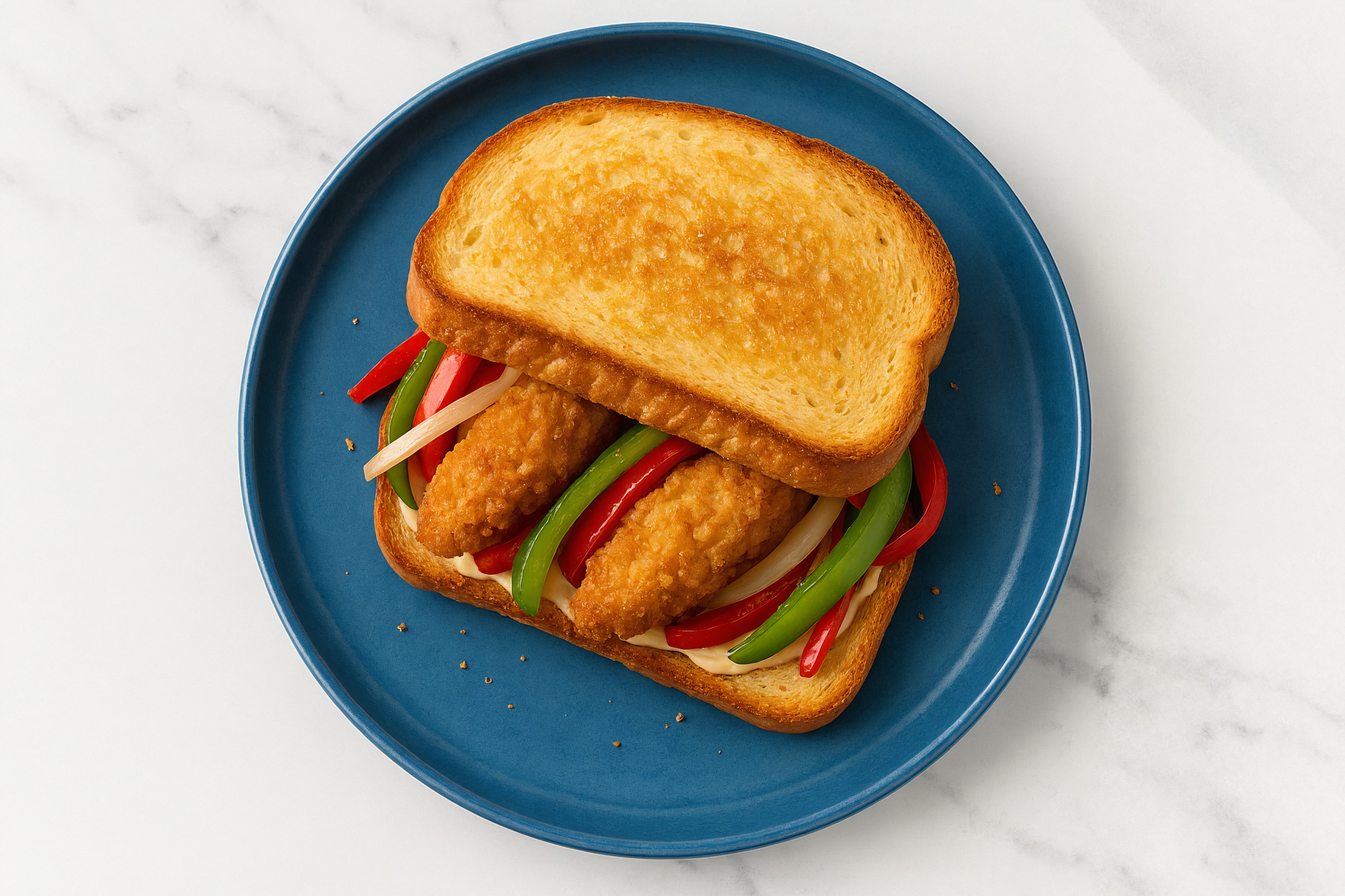 Creamy Horseradish "Chicken" Tenders Sandwich with Peppers + Onion on Honey White Bread