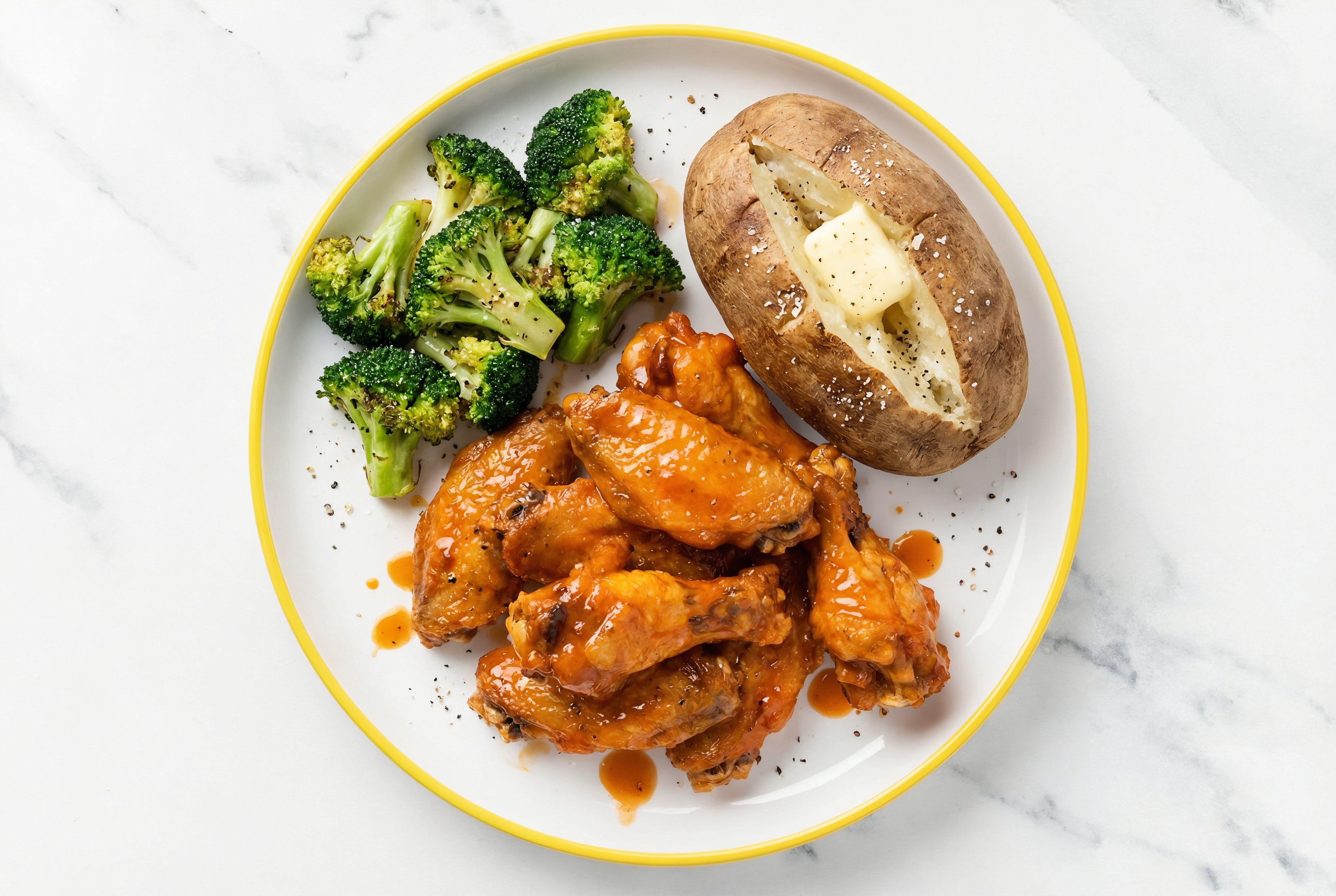 Buffalo Chicken Wings with Baked Microwave-Ready Russet Potato + Broccoli Bunches