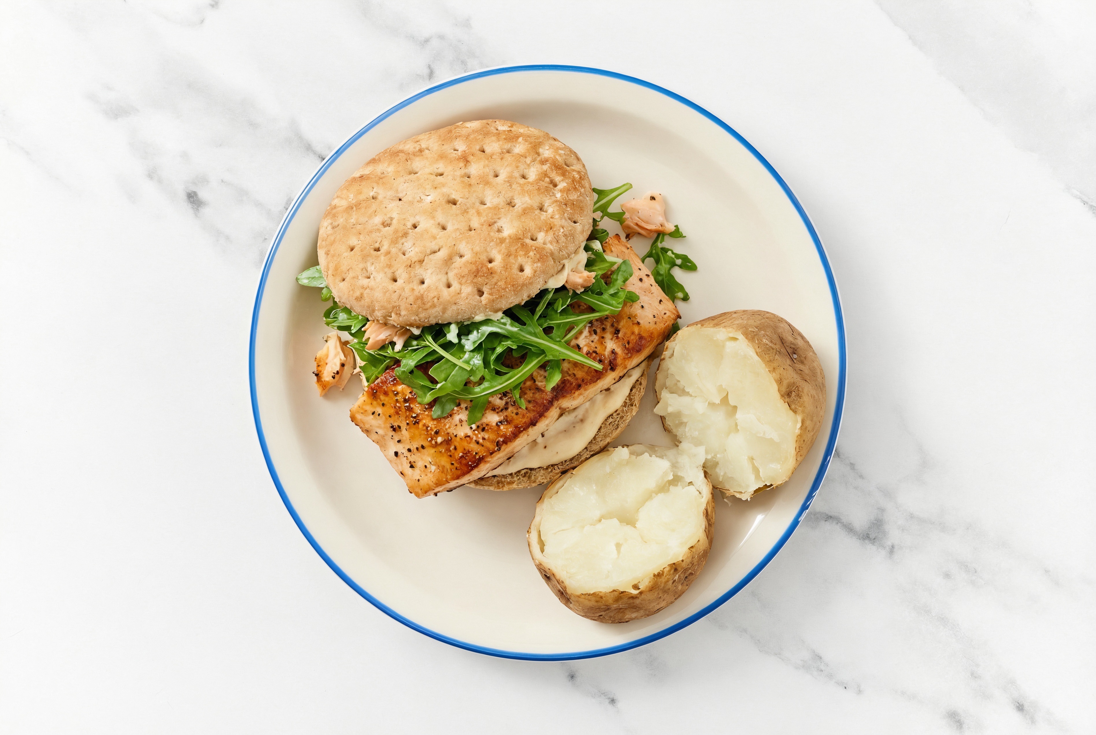 Horseradish Salmon Sandwich on Multigrain with Arugula + Russet Potato