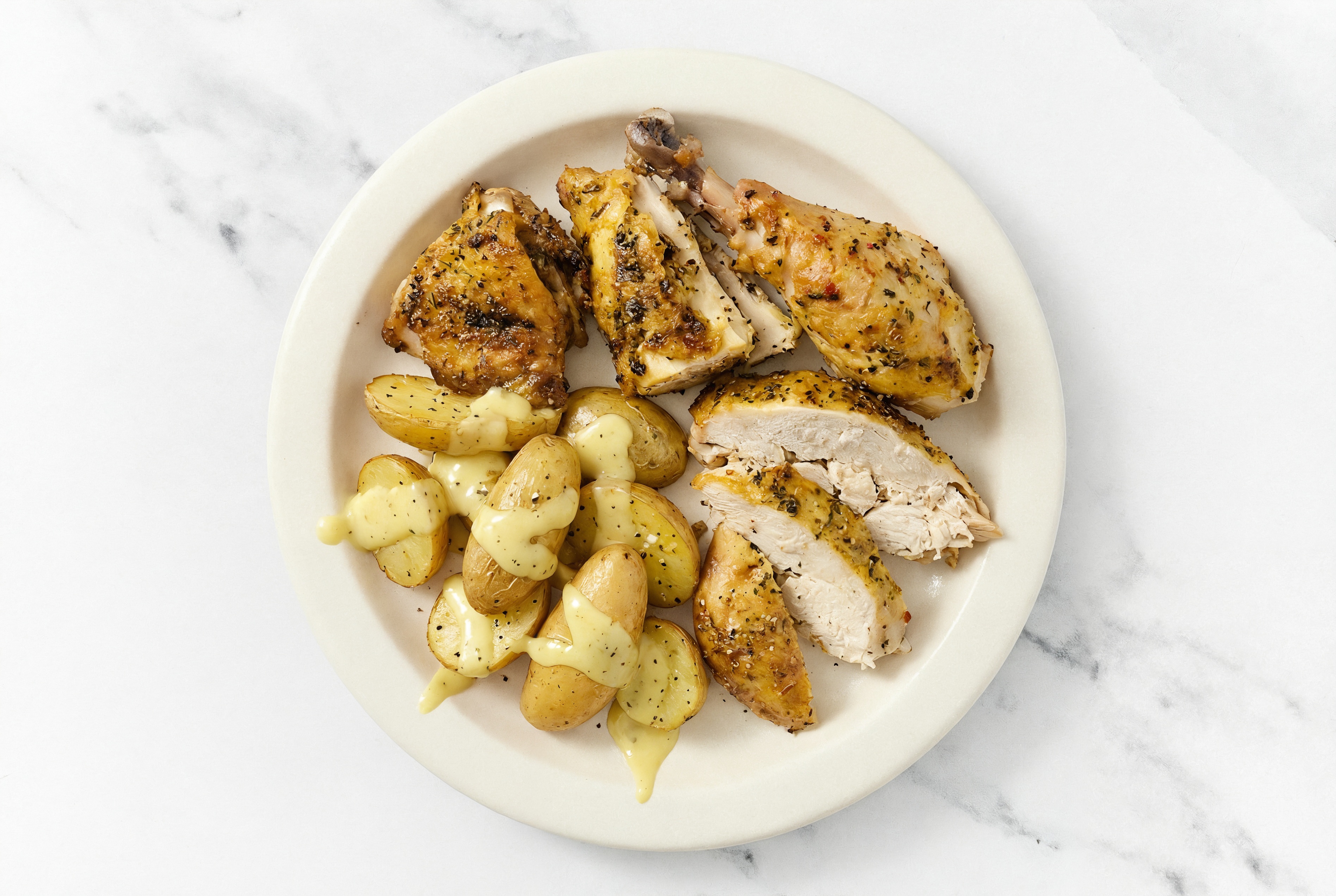 Lemon Chicken + Roasted Potatoes with Honey Mustard Sauce