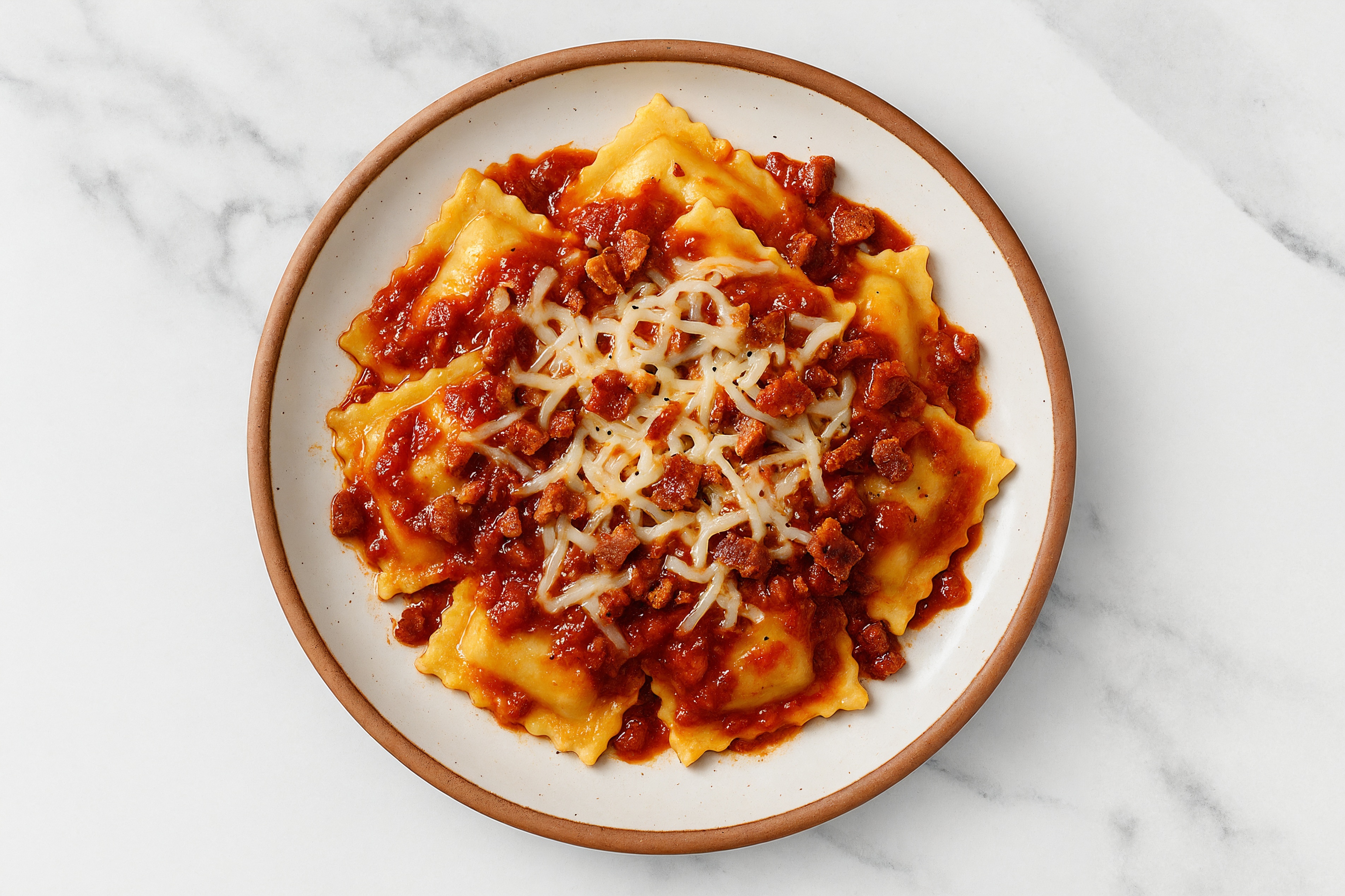 Tomato Marinara Squash Ravioli with Applewood Smoked Pork Bacon & Mozzarella