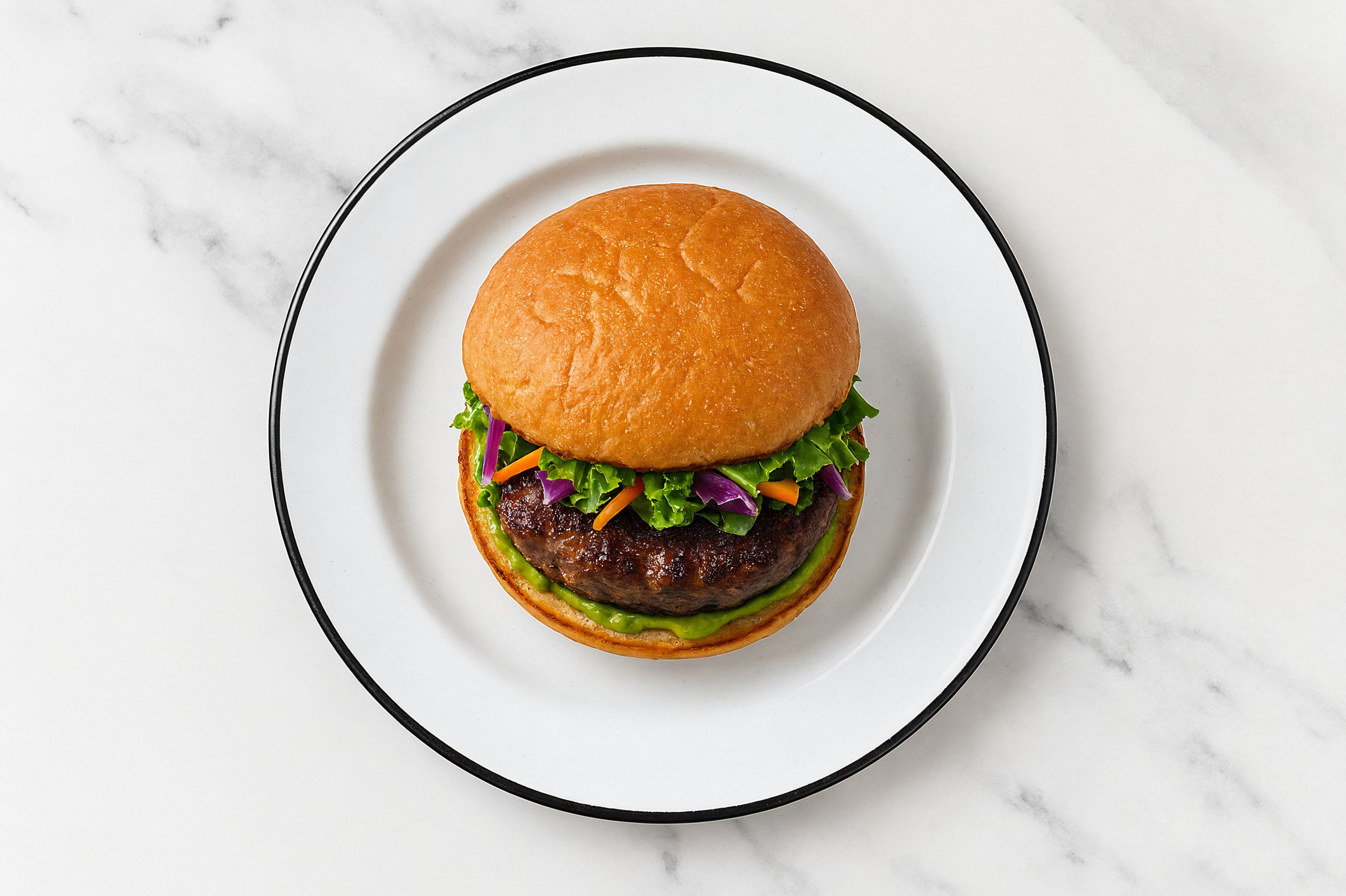Rainbow Veggie Wagyu Beef Burger on GF Bun with Guacamole