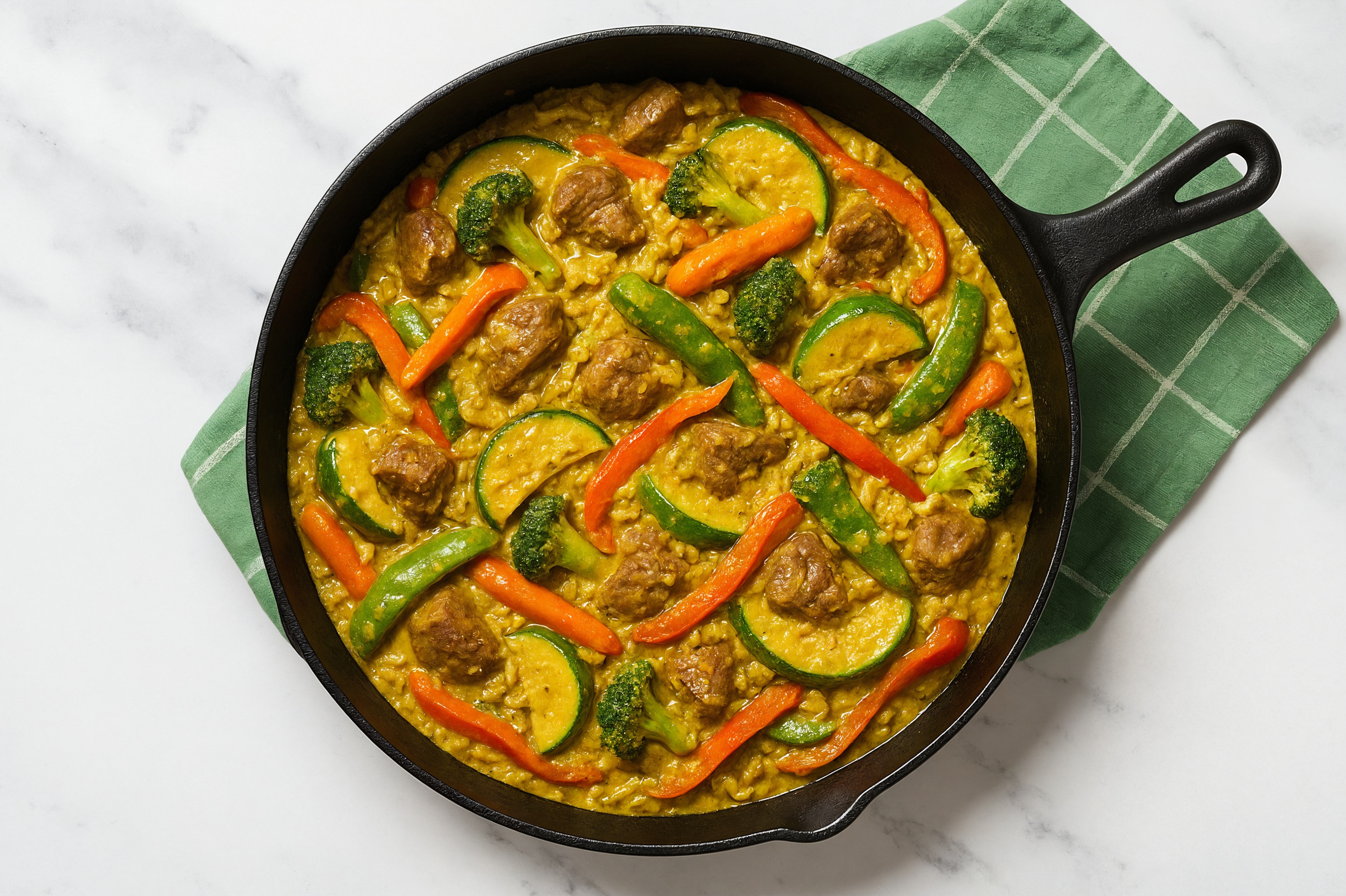 Curry Veggie + Bison Stir-Fry with Seasoned Jasmine Rice