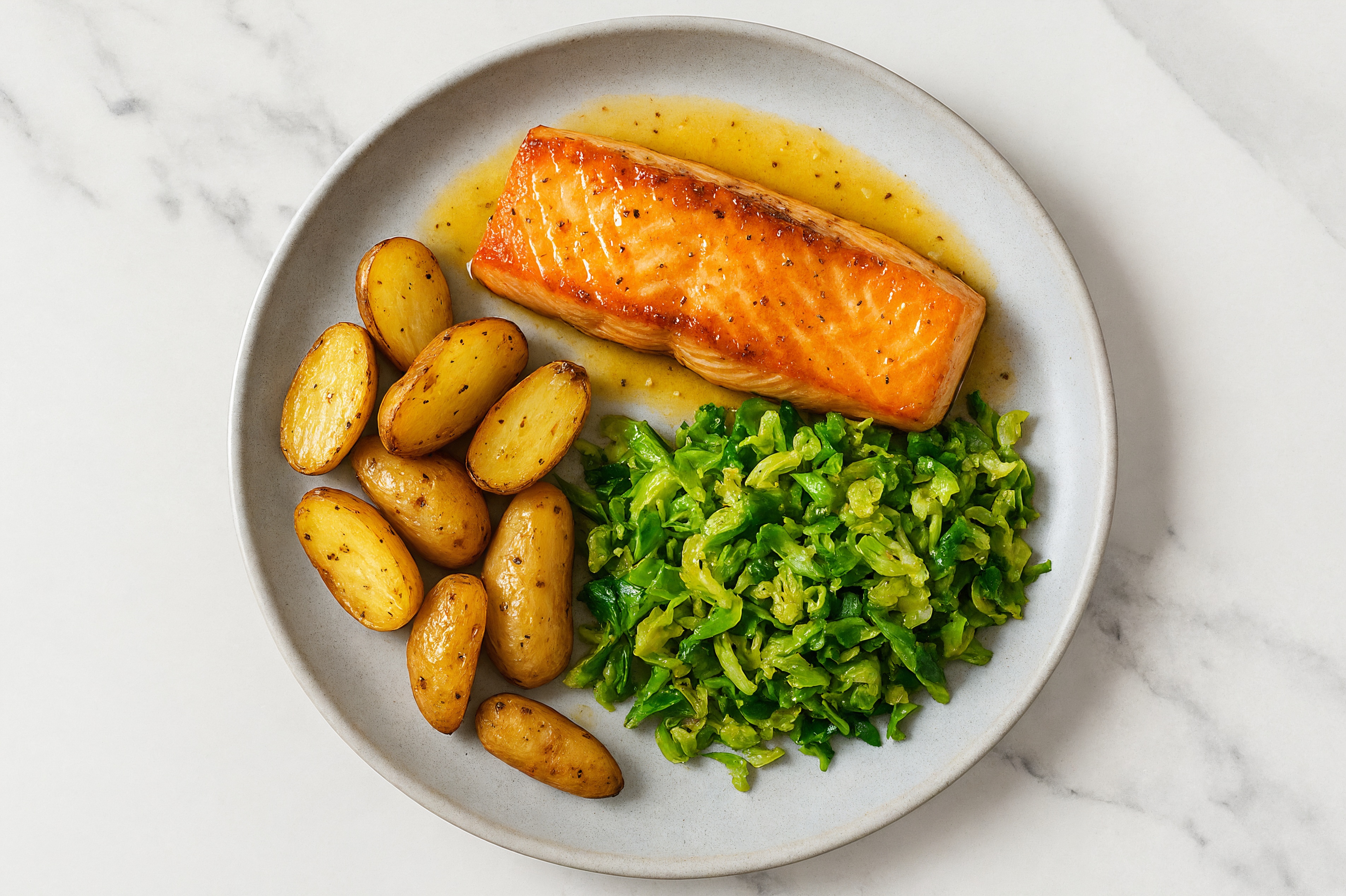 Lemon-Slow Churned Pasture Butter Salmon with Fingerling Potatoes & Brussels