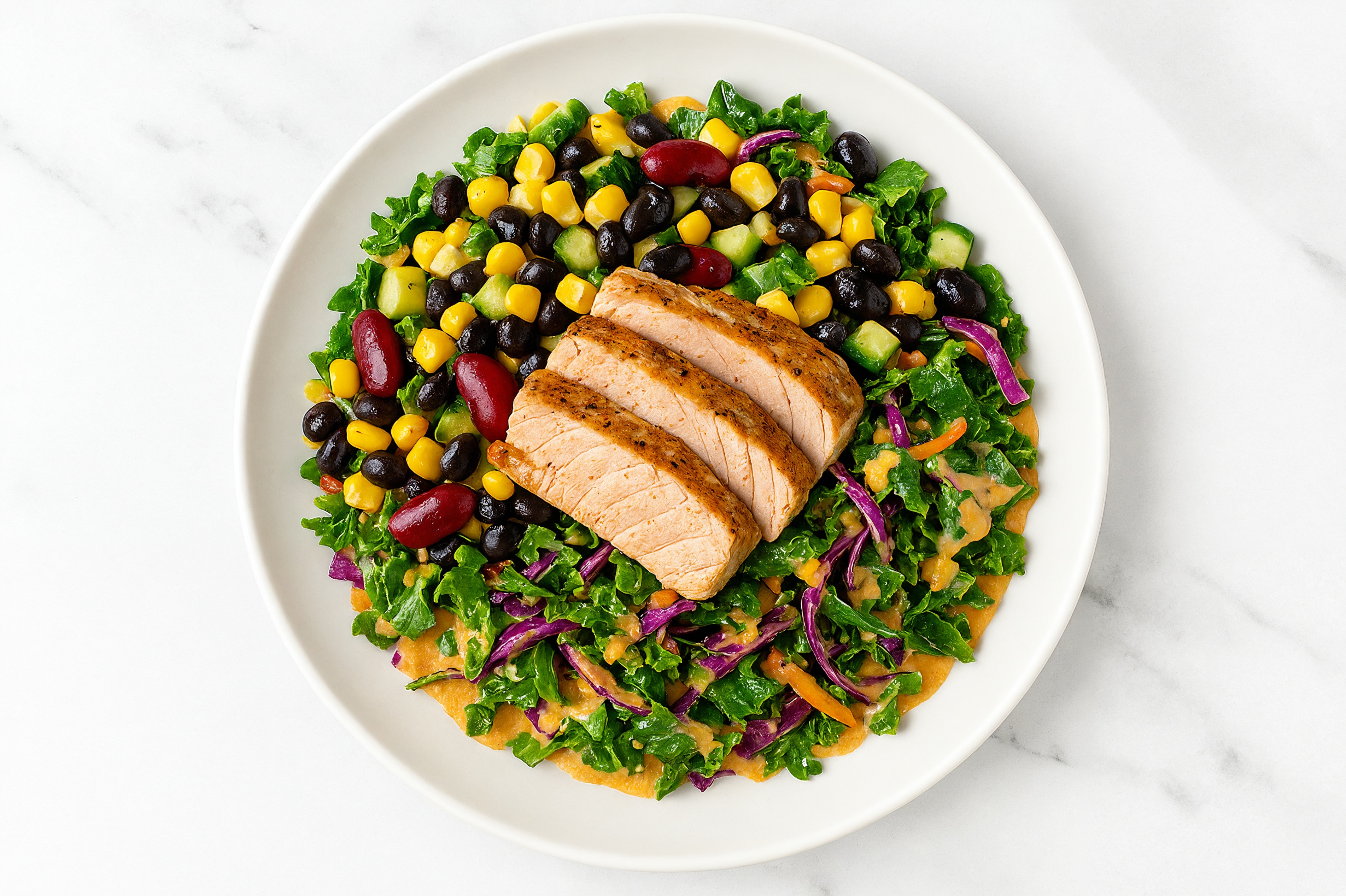 Buffalo Ranch Kale Salad with Tuna Steaks & Black Beans