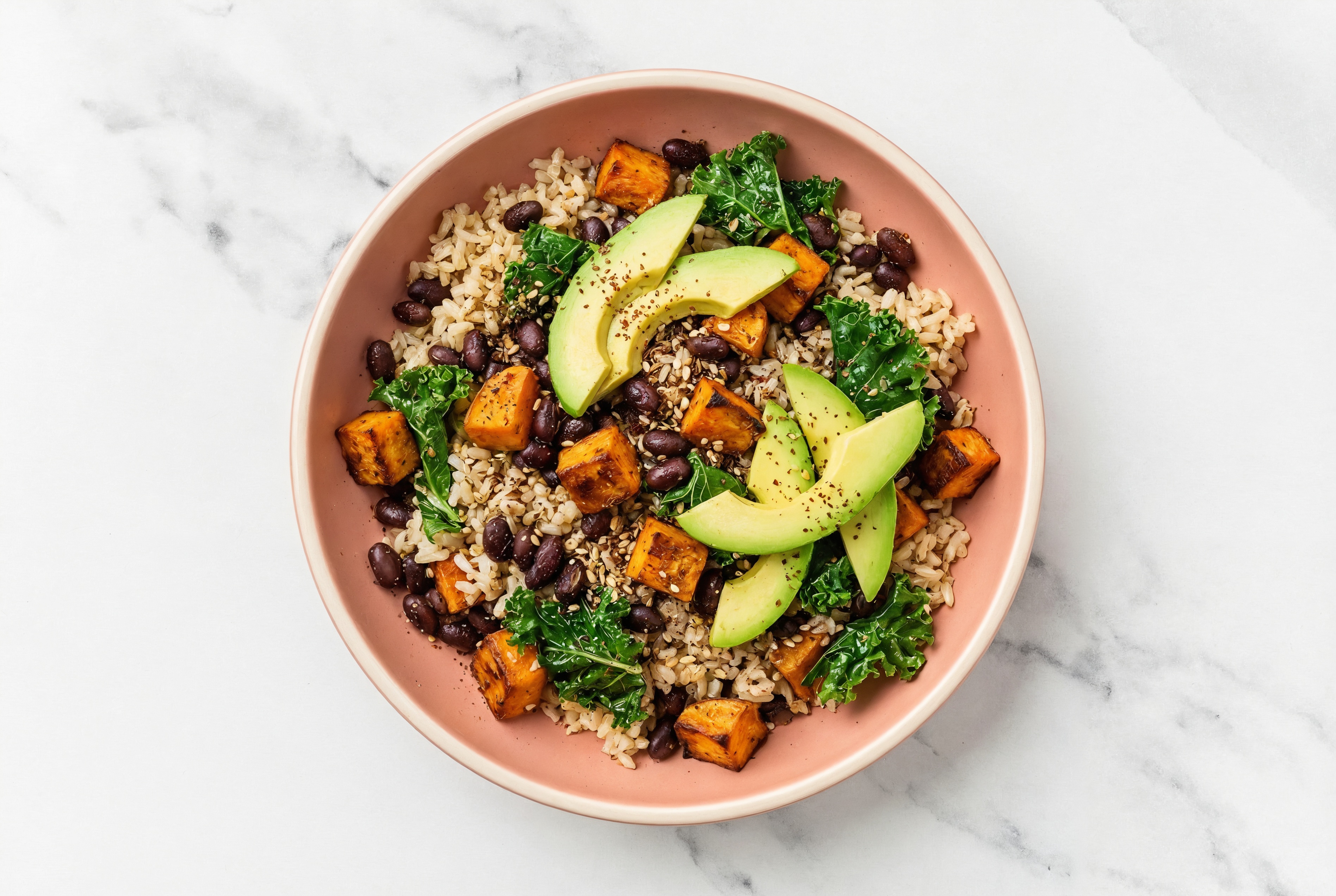 Za'atar Black Bean Sweet Potato Bowl with Kale + Avocado