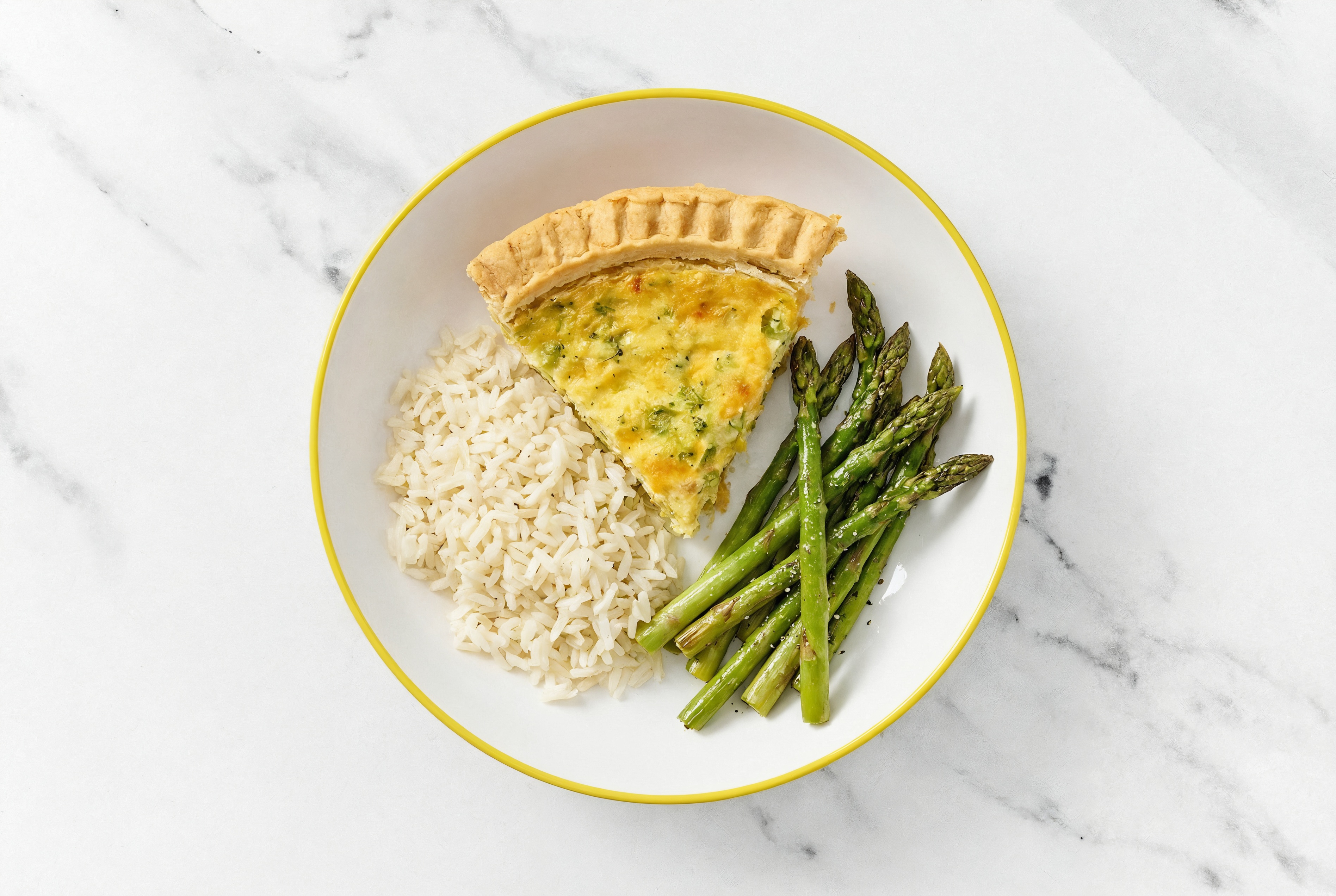 Broccoli & Cheddar Quiche with Asparagus & White Rice