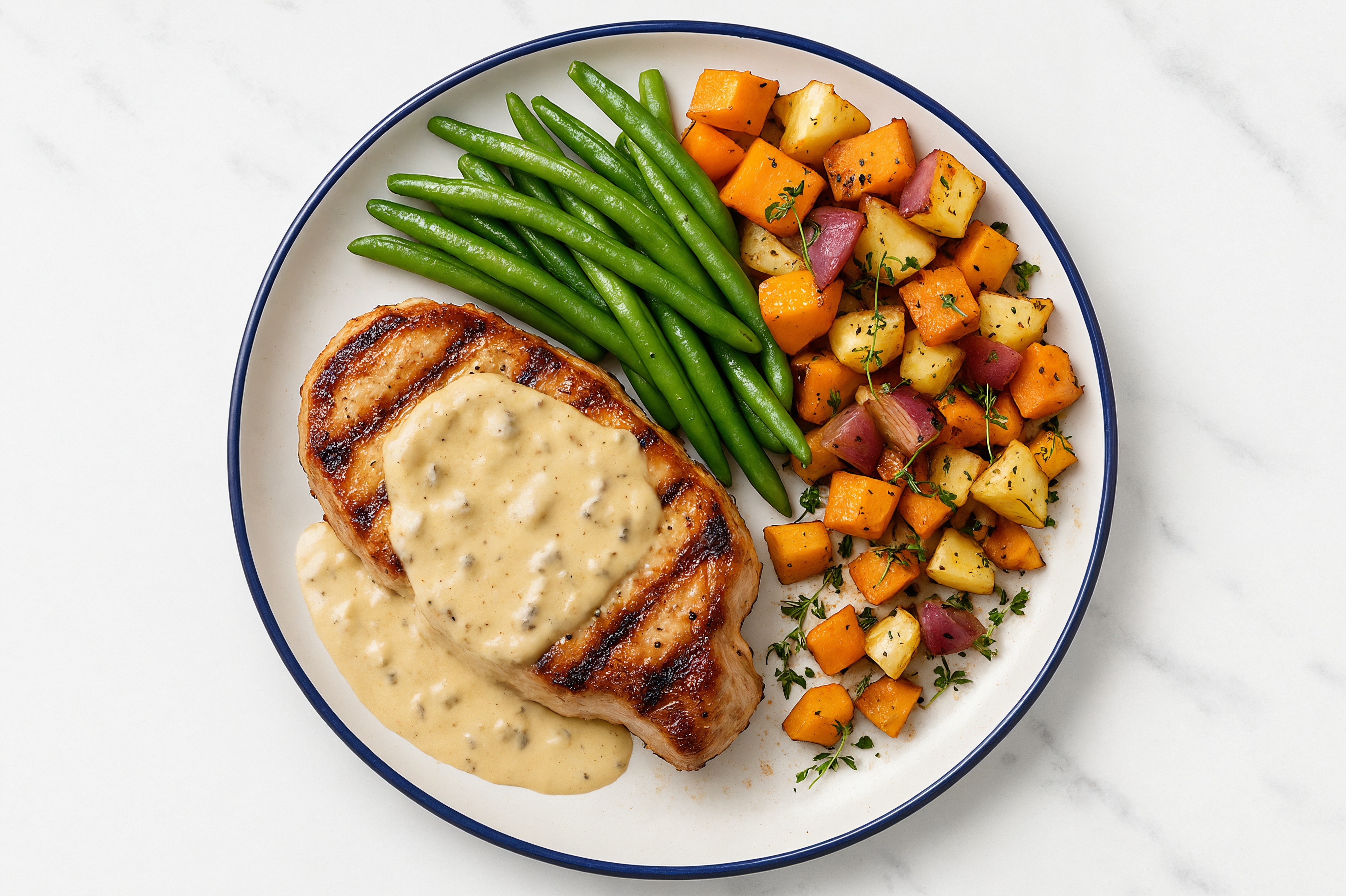 Creamy Truffle Smothered Pork Chops with Green Beans & Roasted Vegetables