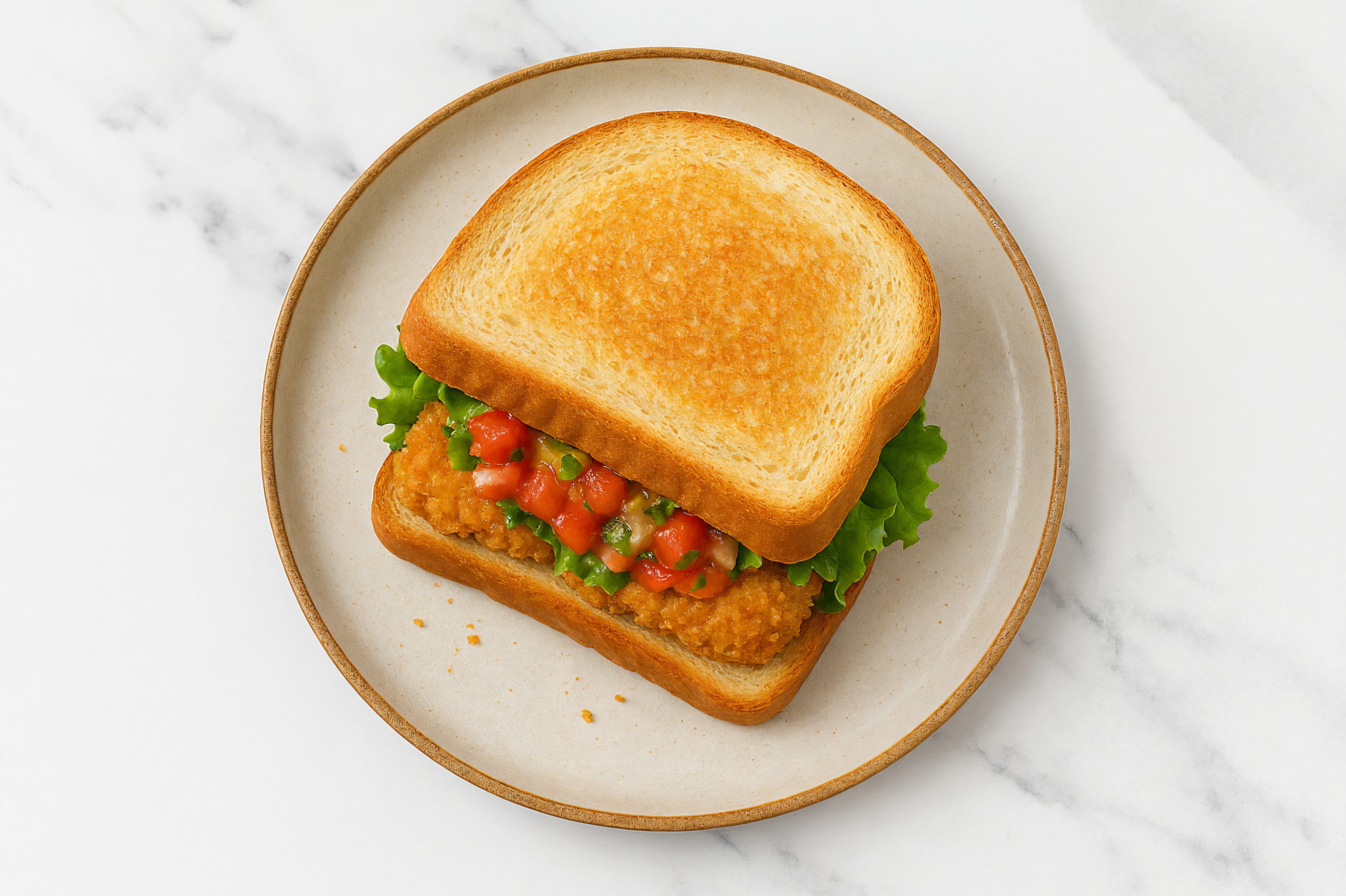 Mexican "Chicken" Tenders Sandwich with Green Leaf Lettuce on Honey White Bread
