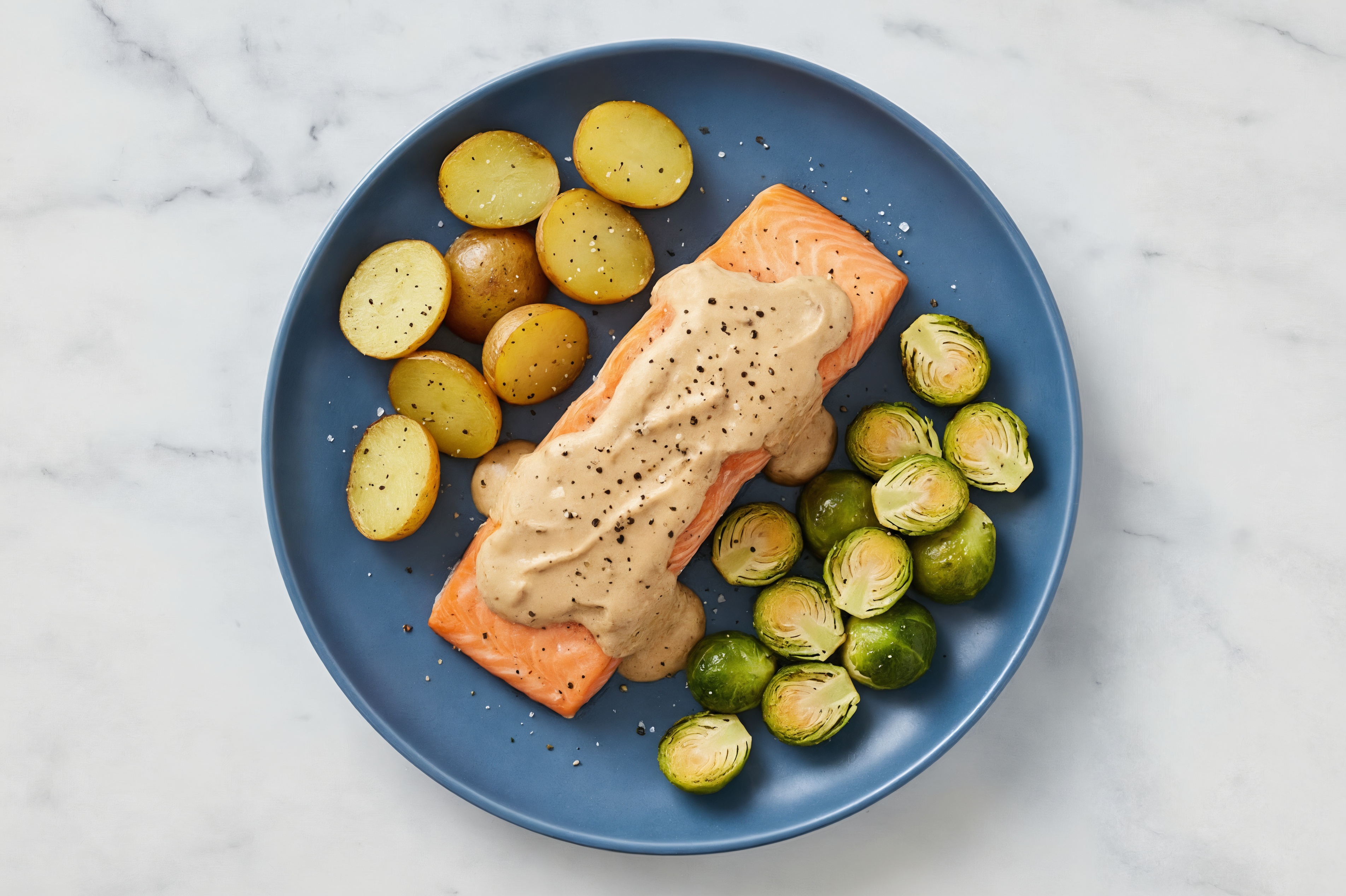 French Onion Wild Salmon with Potatoes + Brussels