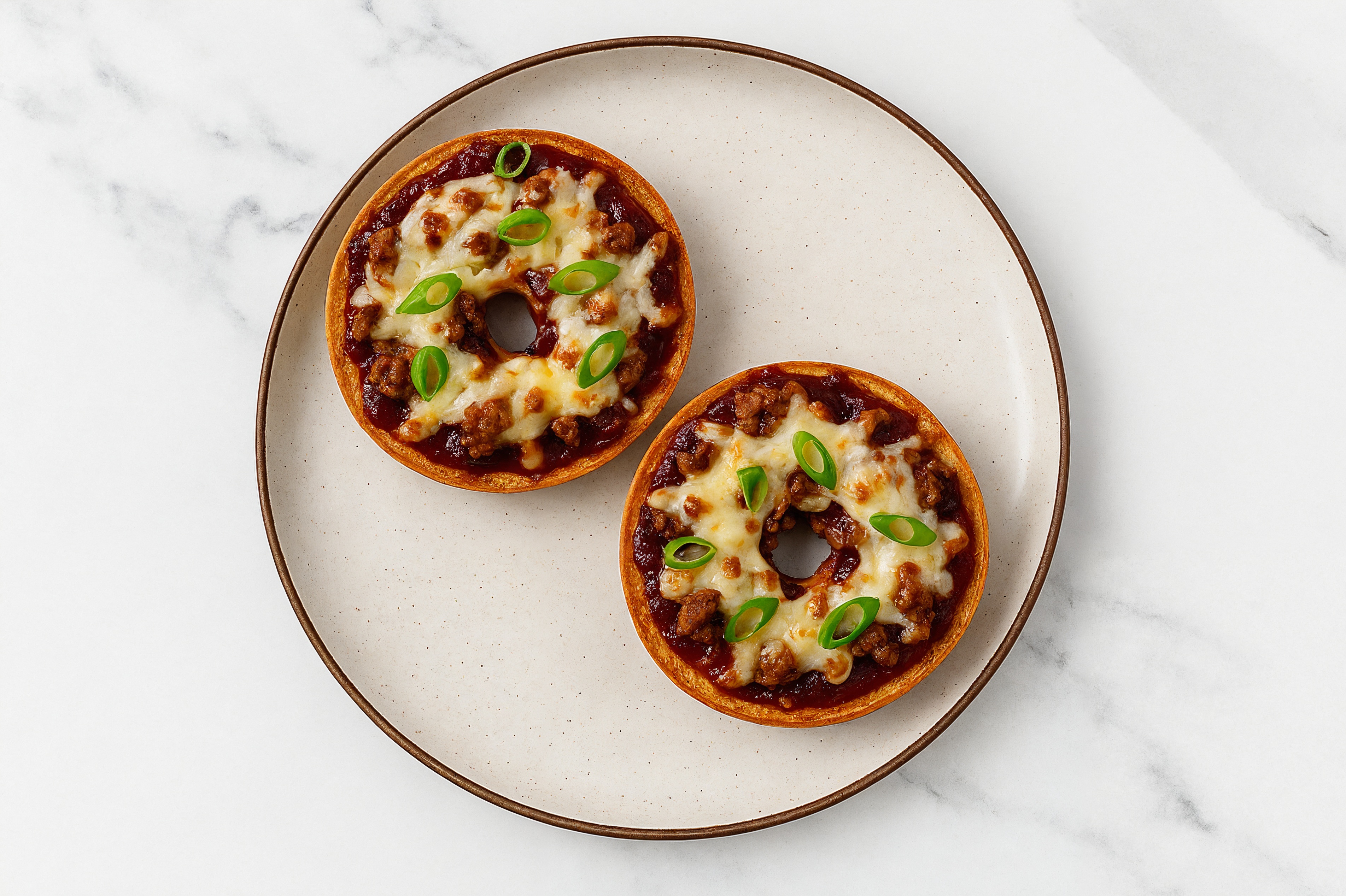 BBQ Pork Sausage Pizza Gluten-Free Plain Bagels with Scallions