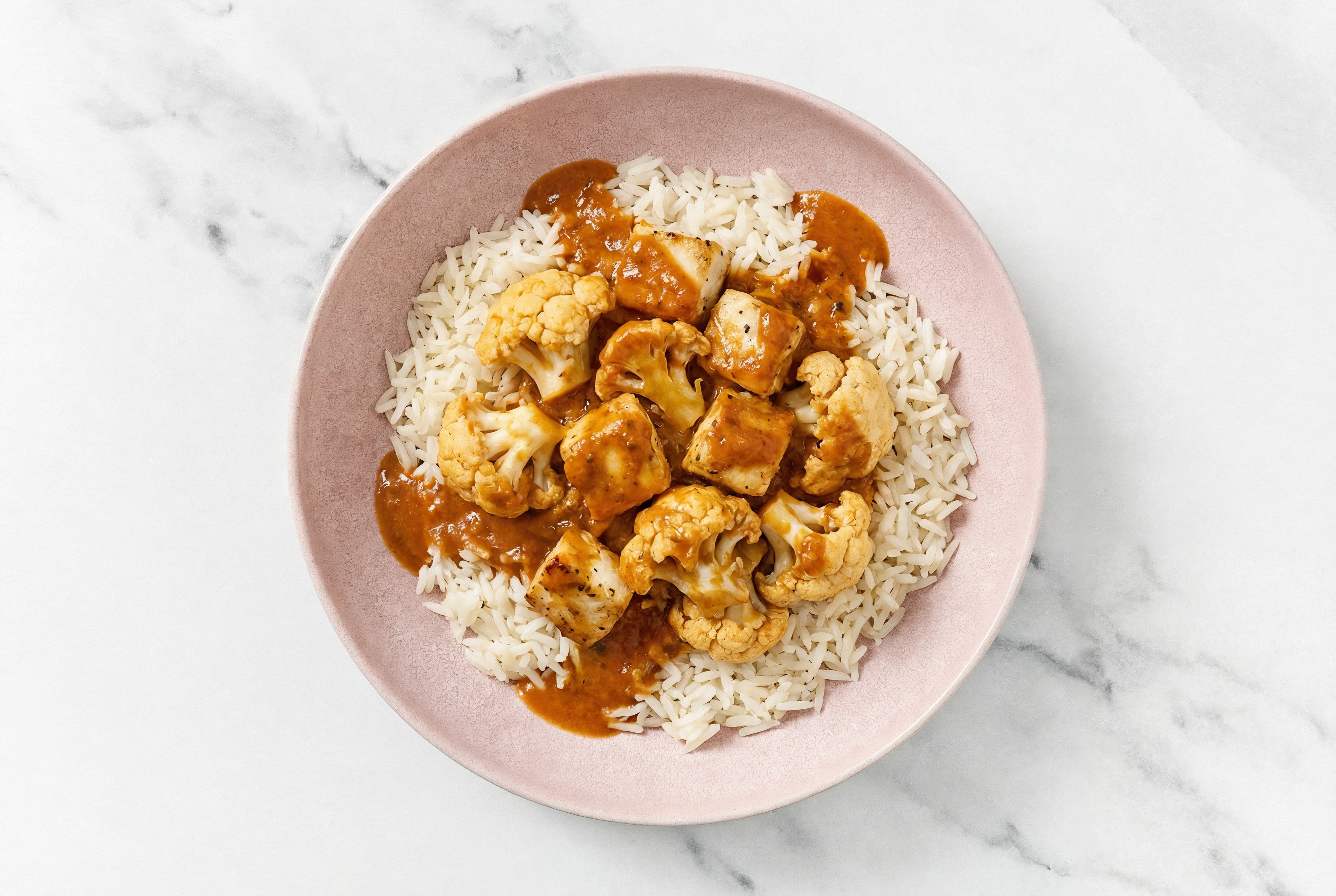 Halibut Tikka Masala over  Rice