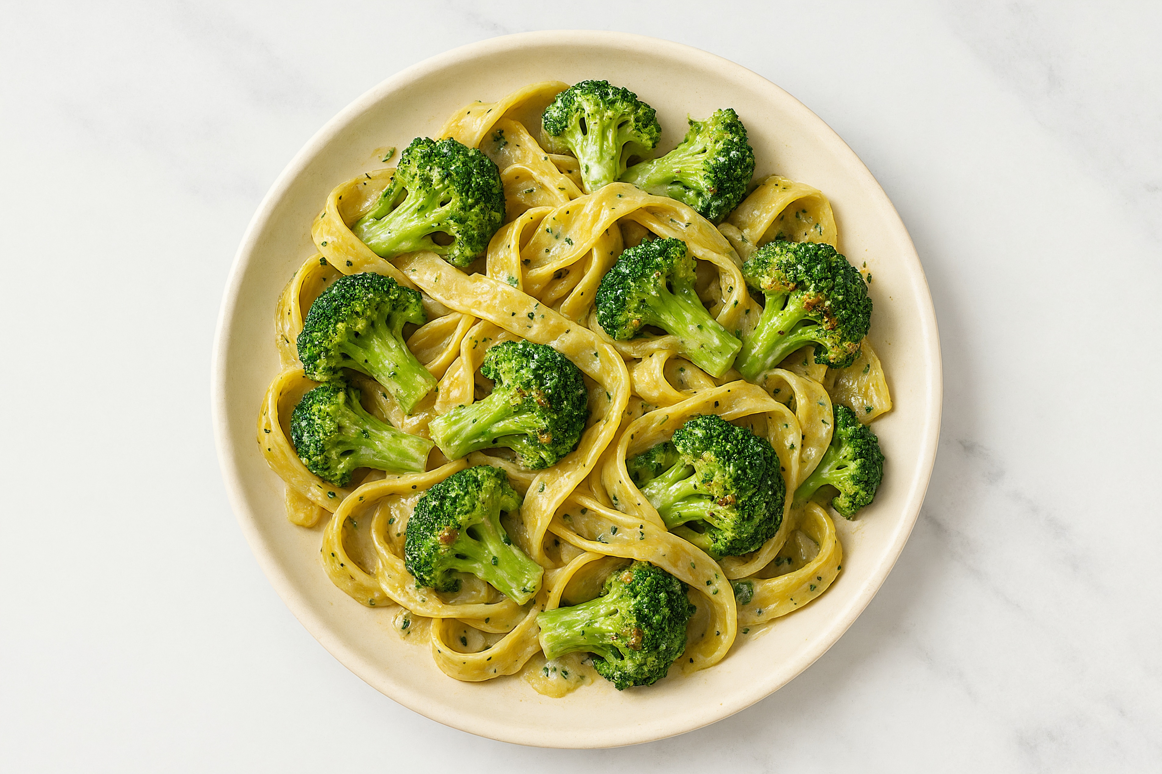 Herb Cream Egg Tagliatelle Pasta with Broccoli