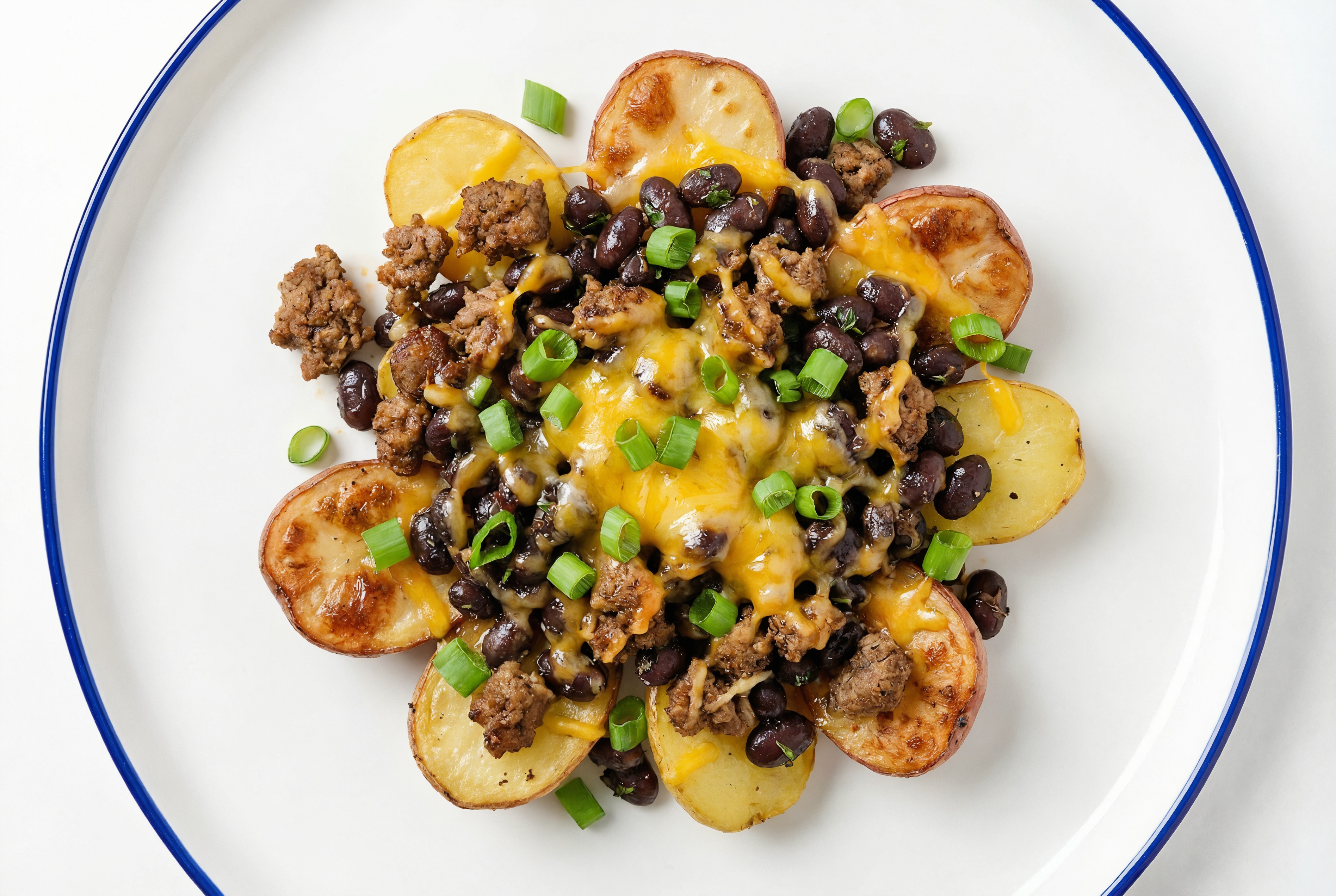 Herby Bison + Cuban Spiced Black Beans Bean Potato "Nachos"
